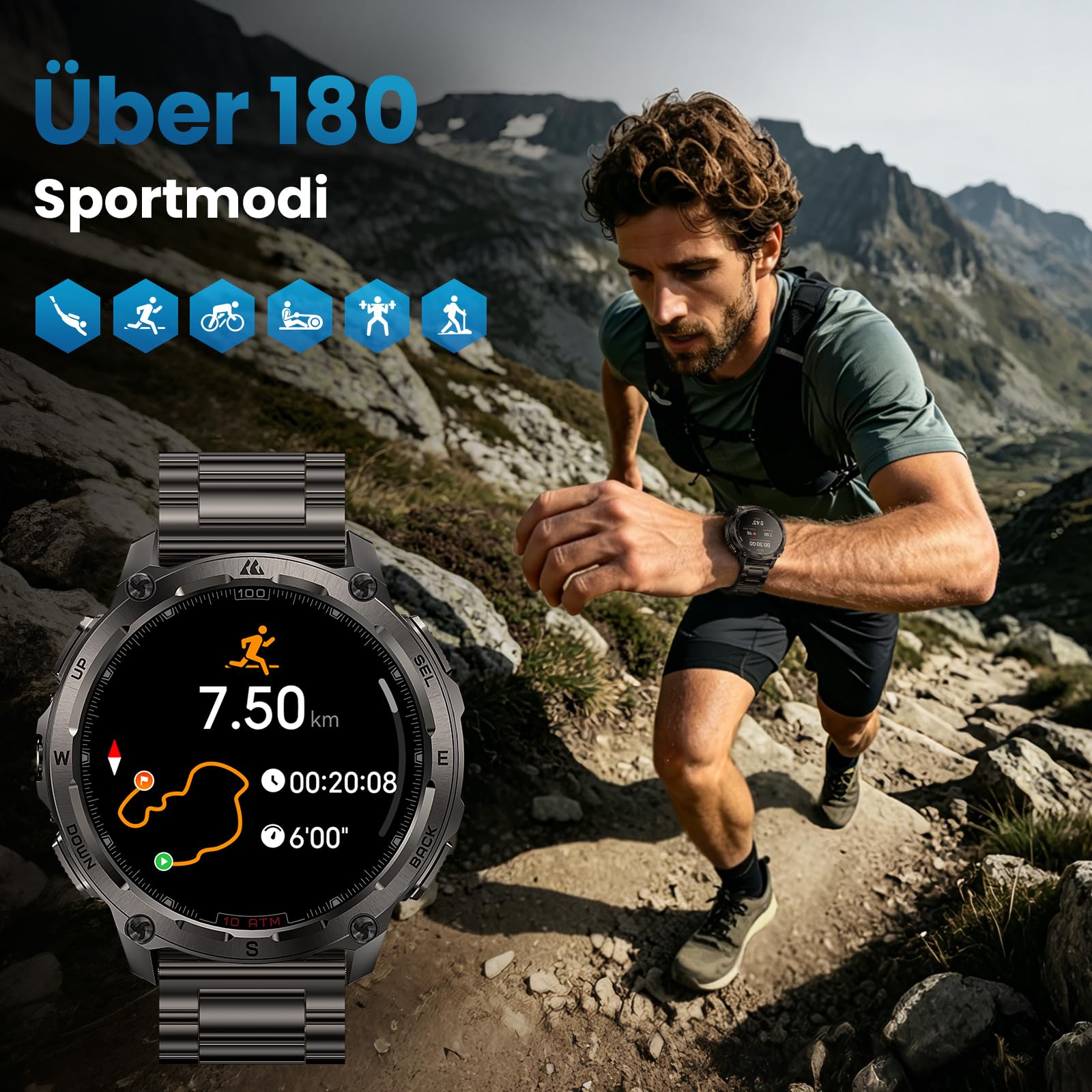 KOSPET Tank T4 Special Edition Smartwatch Herren, Dualband-GPS, 2 Armbänder | Karten offline, Edelstahl, 1,43" AMOLED Robuste Militär Watch, 10ATM, 180+ Sportmodi, Herzfrequenzmonitor für Android iOS