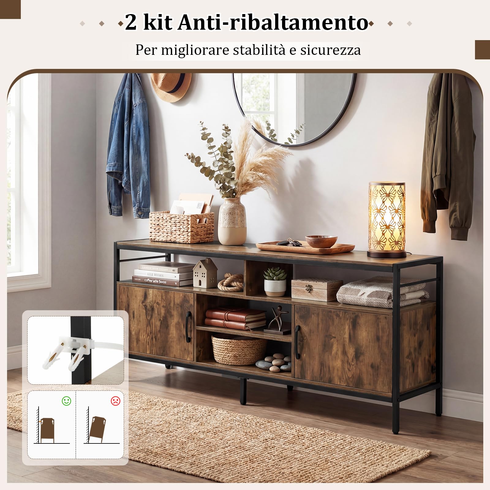 COSTWAY Mobile TV Soggiorno fino a 65", con 2 Armadietti e 4 Ripiani Aperti, Tavolino Porta TV con Gambe in Metallo, Centro di Intrattenimento per Soggiorno Camera da Letto (Marrone, 147 x 35 cm)