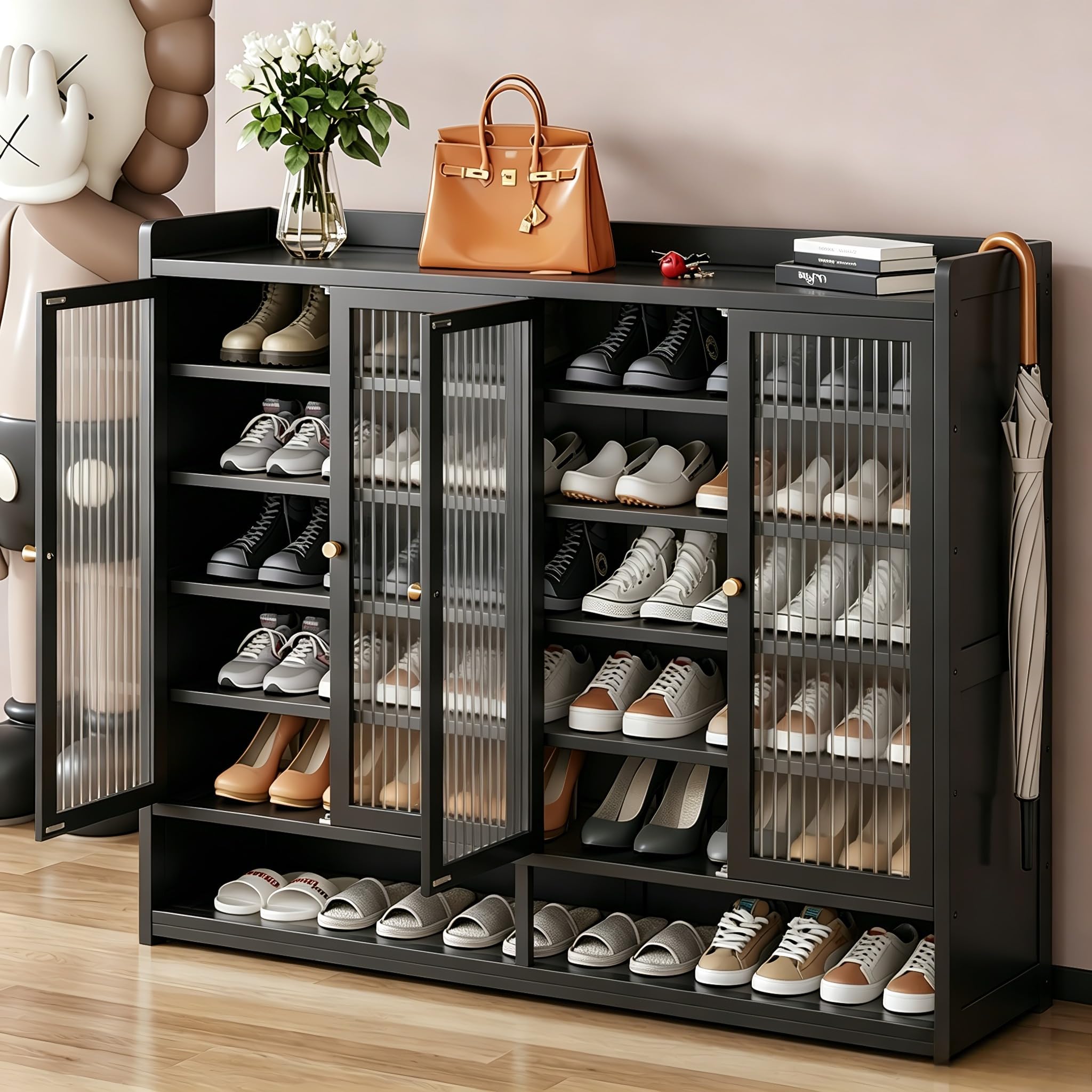 TYYANYA Bamboo Shoe Cabinet, 7 Tier Shoe Rack with Doors