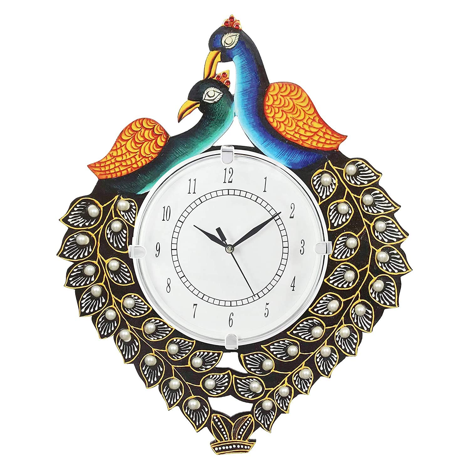 CAPIO ART Wooden Antique Handpainted Peacock Wall Analog Clock for Home Decor - Decorative Round Handmade Clock for Bedroom, Hall, Office (Multicolour, 13 X 16 Inch) - Image 2 thumbnail