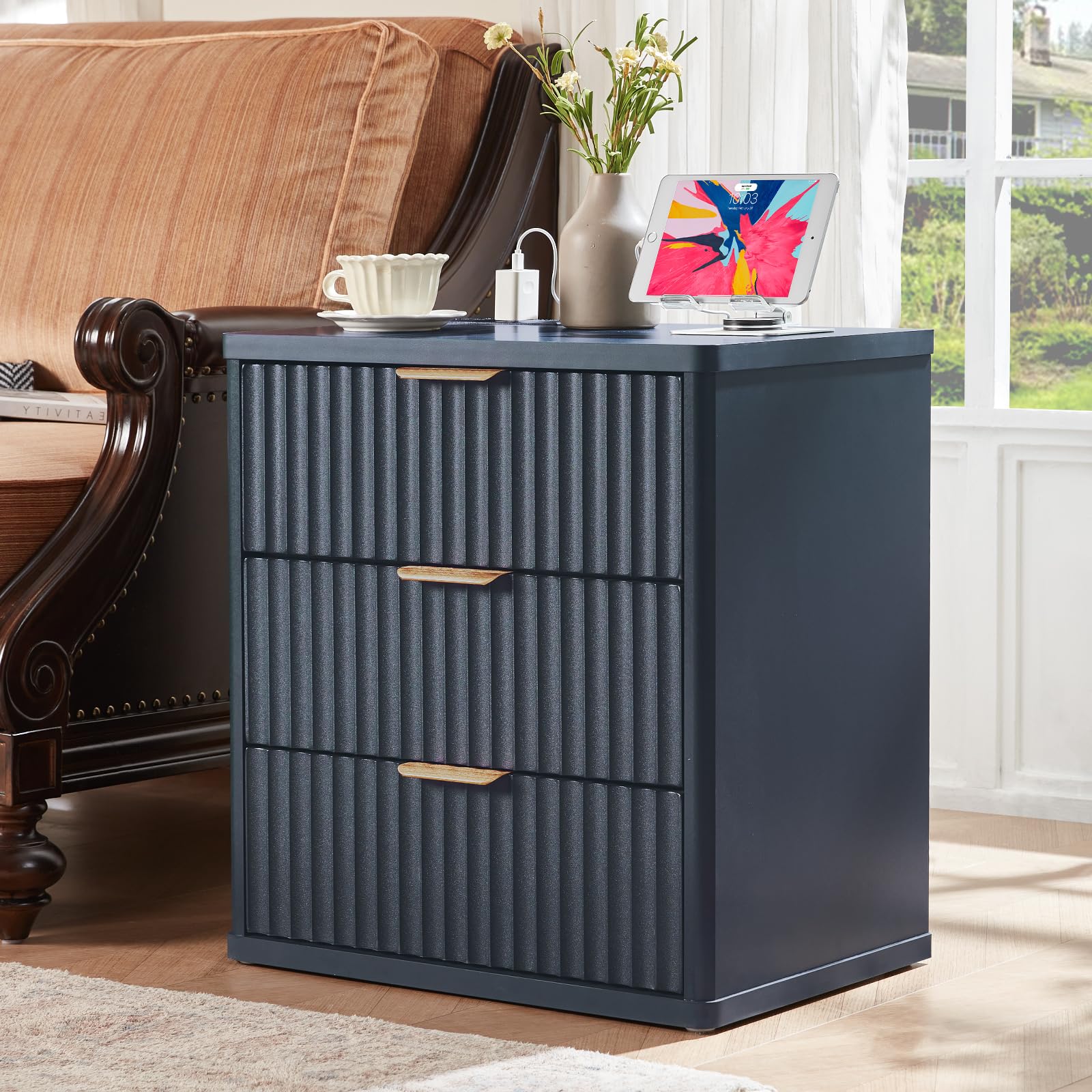 LELELINKY Fluted Night Stand with Charging Station,23