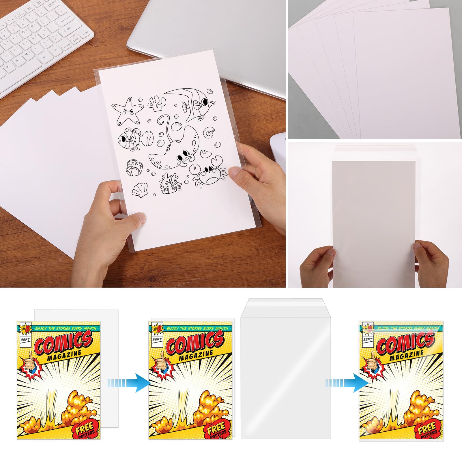 100 Sets Current Size Comic Book Bags and Boards, Reusable Clear Comic Book Sleeves with Double-Sided White Cardboard, Top-Loader Protective Covers for Collectors Comics Storage & Display