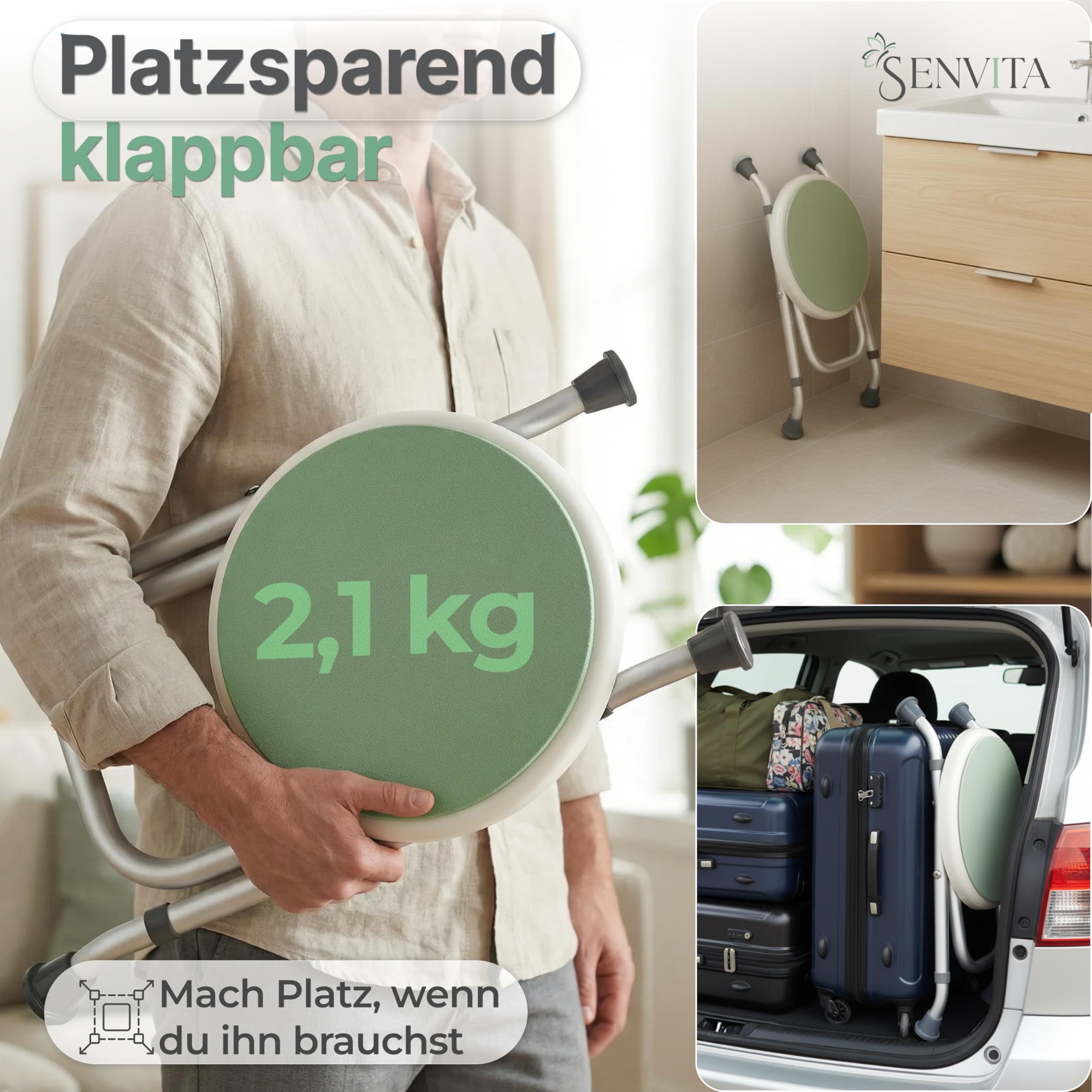 Duschhocker Klappbar, 360° Drehbar & 160kg Belastbar | Duschstuhl für Senioren | Höhenverstellbare, rutschfeste Duschhilfe mit Sitzkissen | Badhocker & Badewannensitz