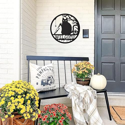 Miniatura 2 de Letrero de bienvenida gótico, decoración de Halloween, letrero de bienvenida de gato de 12 x 12 pulgadas, decoración de metal para porche al aire
