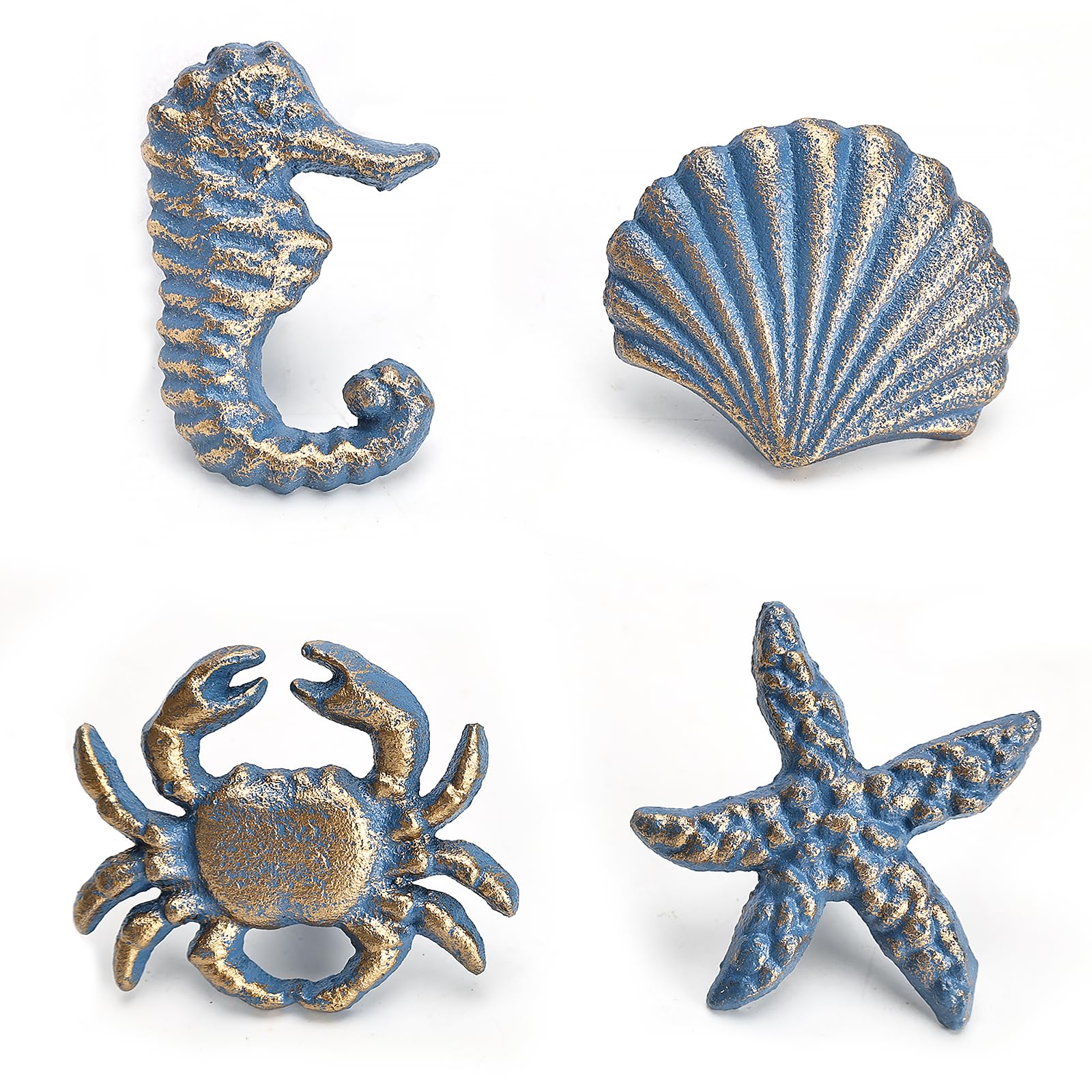 Primst Blue Beach Ocean Theme Cast Iron Drawer Knobs, Sea Horse Starfish Crab And Seashell Cabinet Handle Pulls For Drawer, Door, Dresser, Cupboard, Pack Of 4 (Blue)