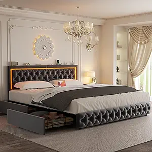 Full Bed Frame with 4 Storage Drawers, Velvet Upholstered Bed Frame Full Size with Charging Station and LED Lights, 46" Adjustable Button Tufted Headboard, No Box Spring Needed, Grey