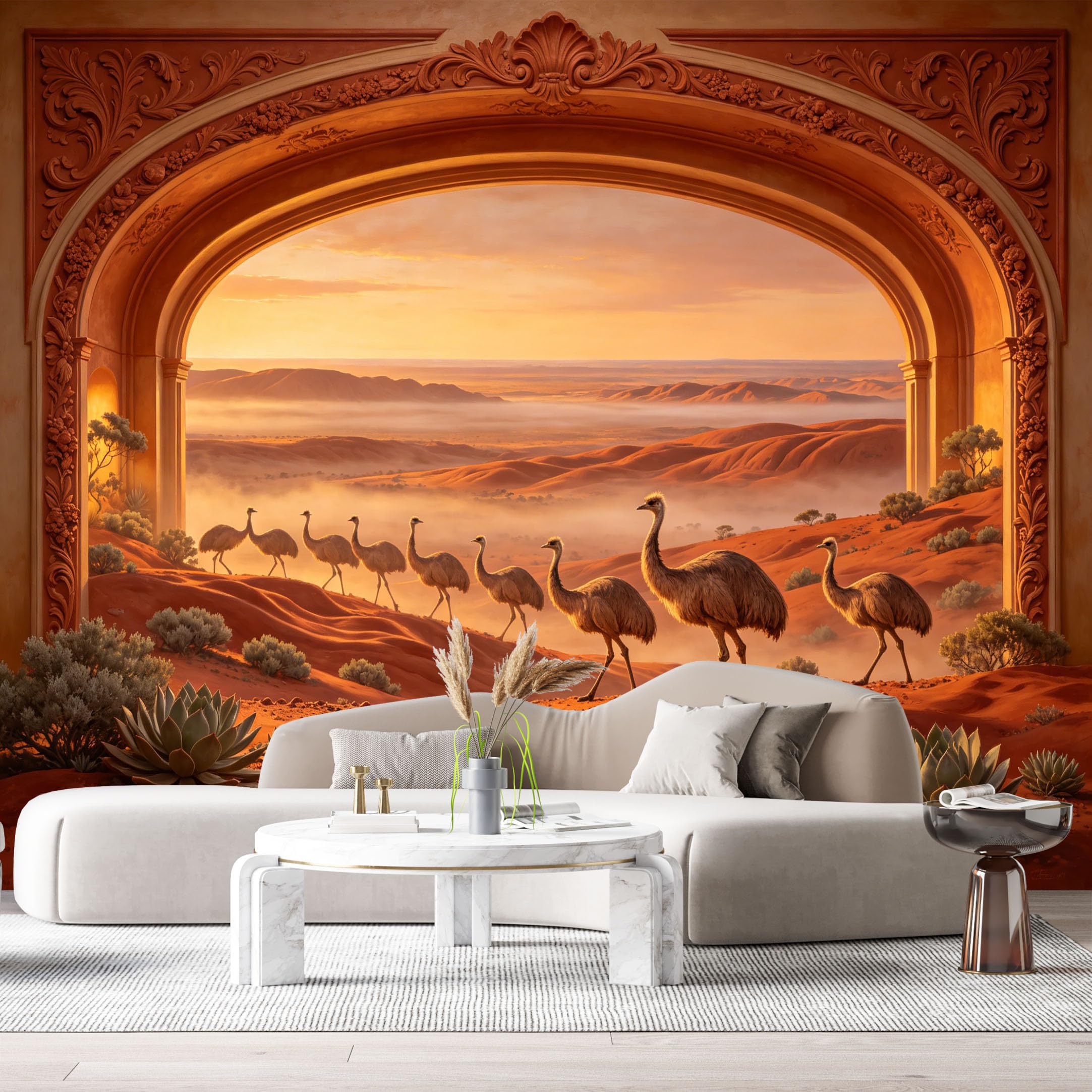 Custom Size Wall Mural Desert Ostrich Landscape Sunset Arch 3D Trompe L'Oeil SelfAdhesiveWall Fabric Removable Wallpaper Wall Decor for Living Room Bedroom Bathroom