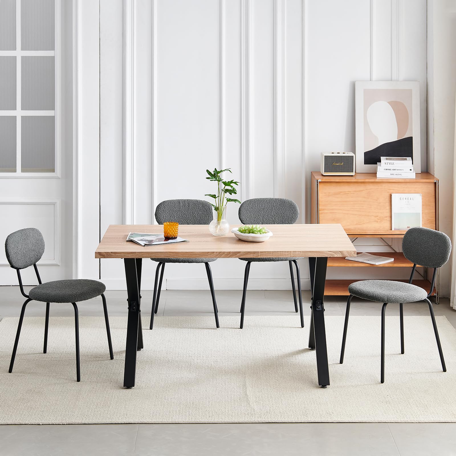WAFTING Chaises de Salle à Manger Lot de 4, Chaise de Cuisine Empilables, avec Coussin en Tissu Teddy et Pieds Métalliques, pour la Salle à Manger, Cuisine, Salon, Chambre-Gris Foncé