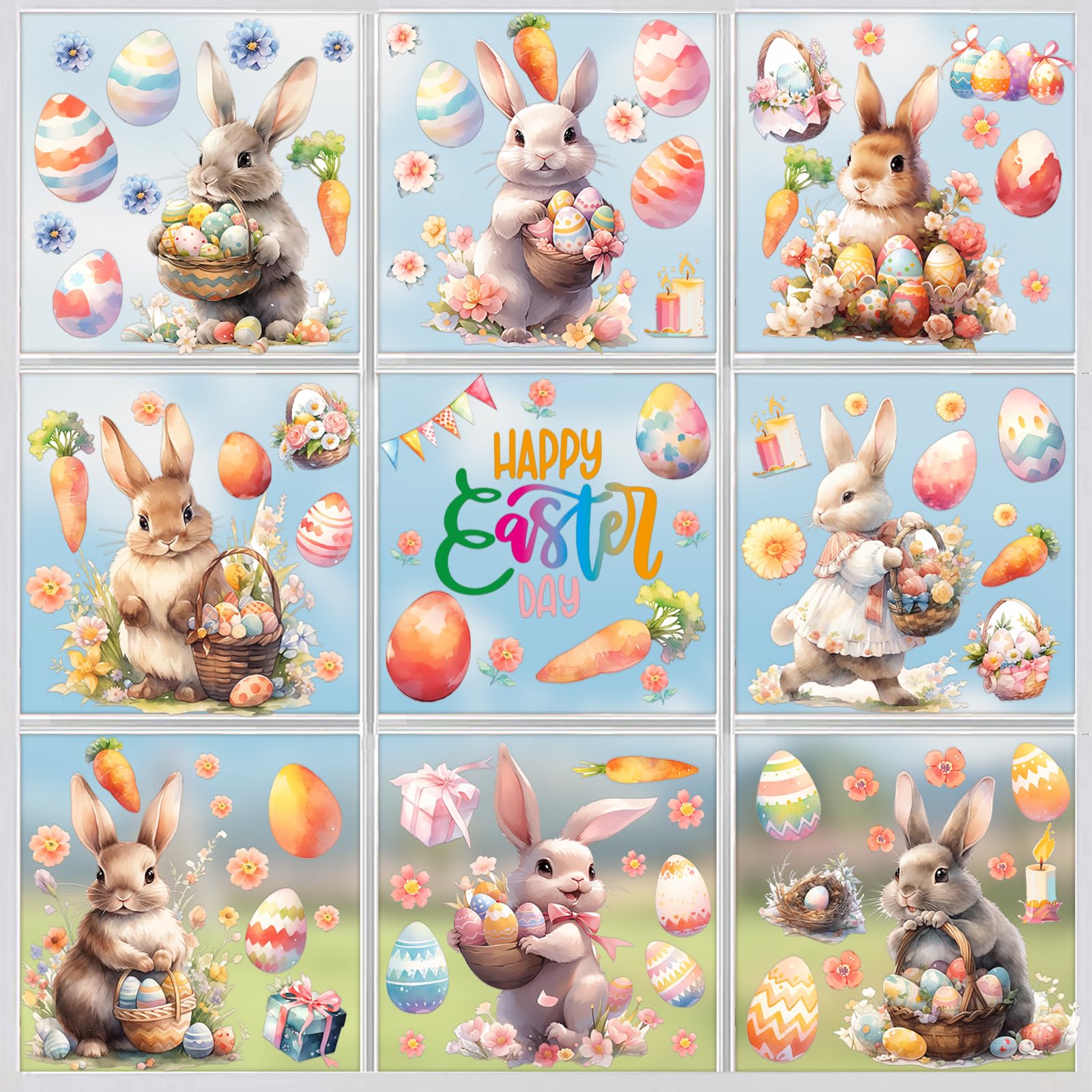 Happy Easter Bunny Rabbit Window Clings, Decoraciones de Pascua Pegatinas de Ventana Impresión de Doble Cara Juego de Caza de Huevos, Película Electrostática para Ventana de Pascua Adhesivos