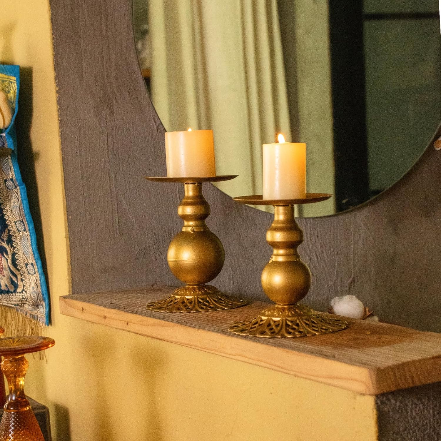 Metal Gold Decorative Candle Holder Pillar Candles Candle Stand, Set of 2 Candlestick Holder for Fireplace, Living or Dining Room Table (Golden Color)