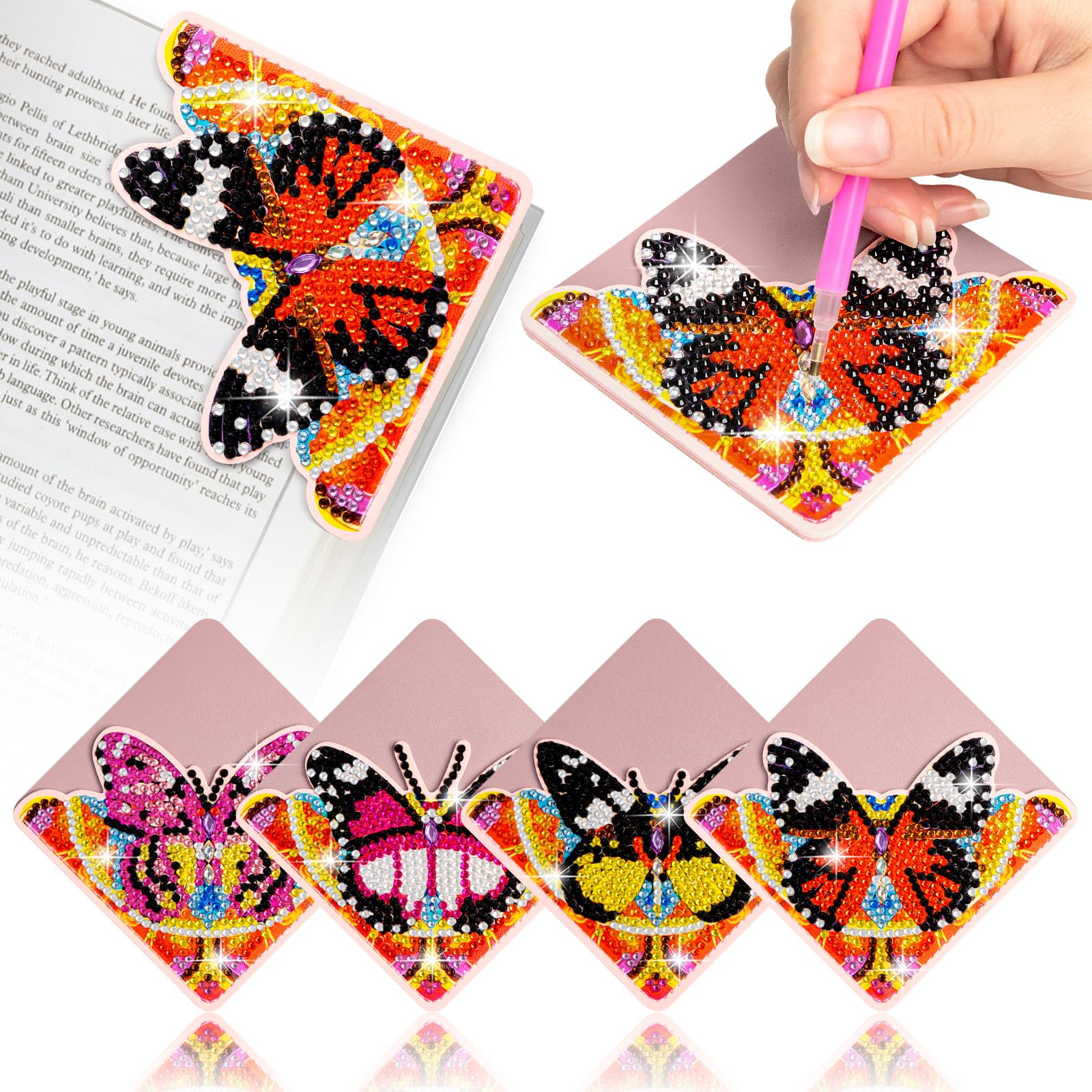 4 pcs Diamond Painting Bookmarks, DIY Diamond Art Kits for Adults, Book Corner - Protecting Bookmark Craft Supplies Kits for Book Lovers(Pink Butterfly)