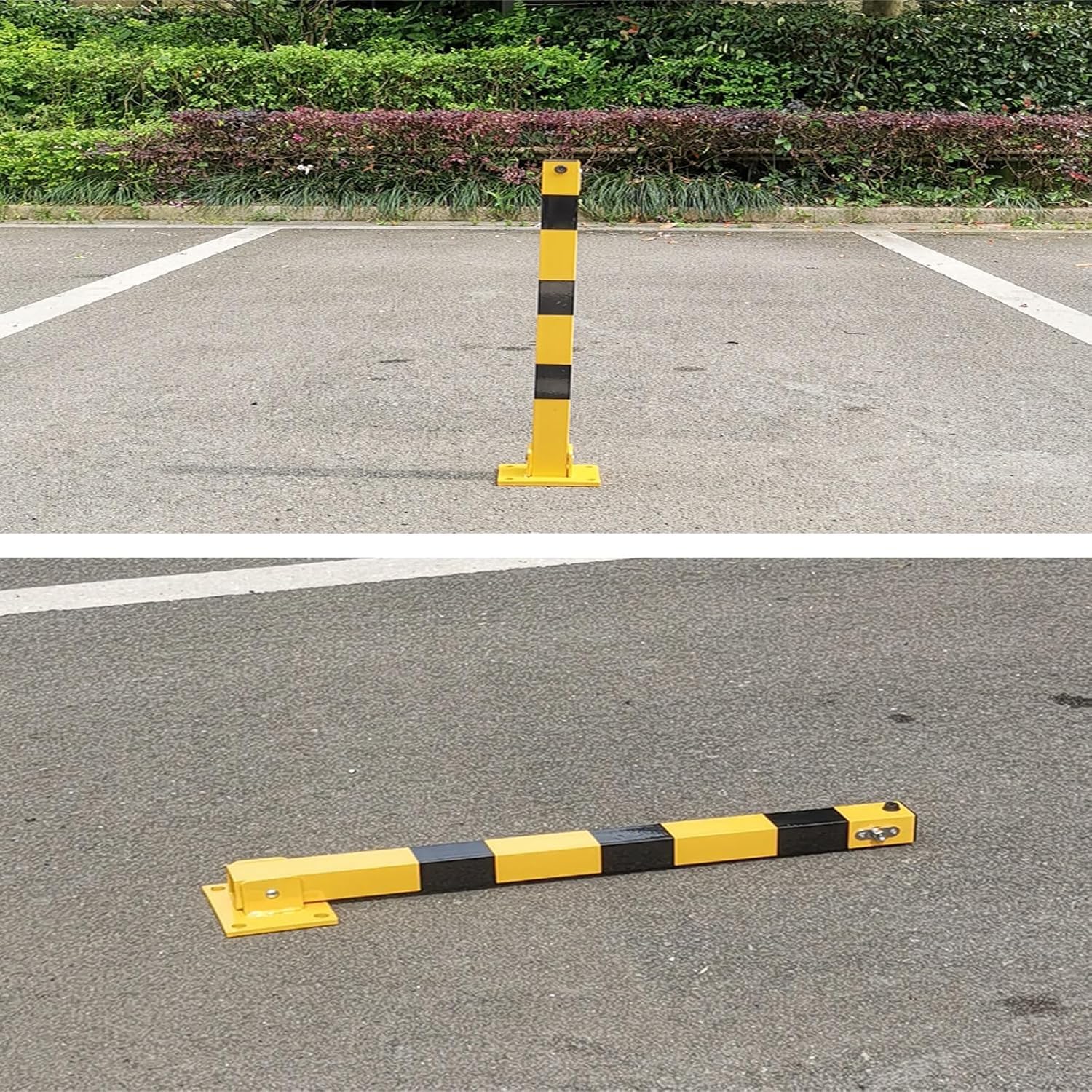 Bolardo de estacionamiento plegable de acero, poste extraíble resistente con bloqueo y rayas de advertencia, barrera de seguridad para seguridad de calle y garaje