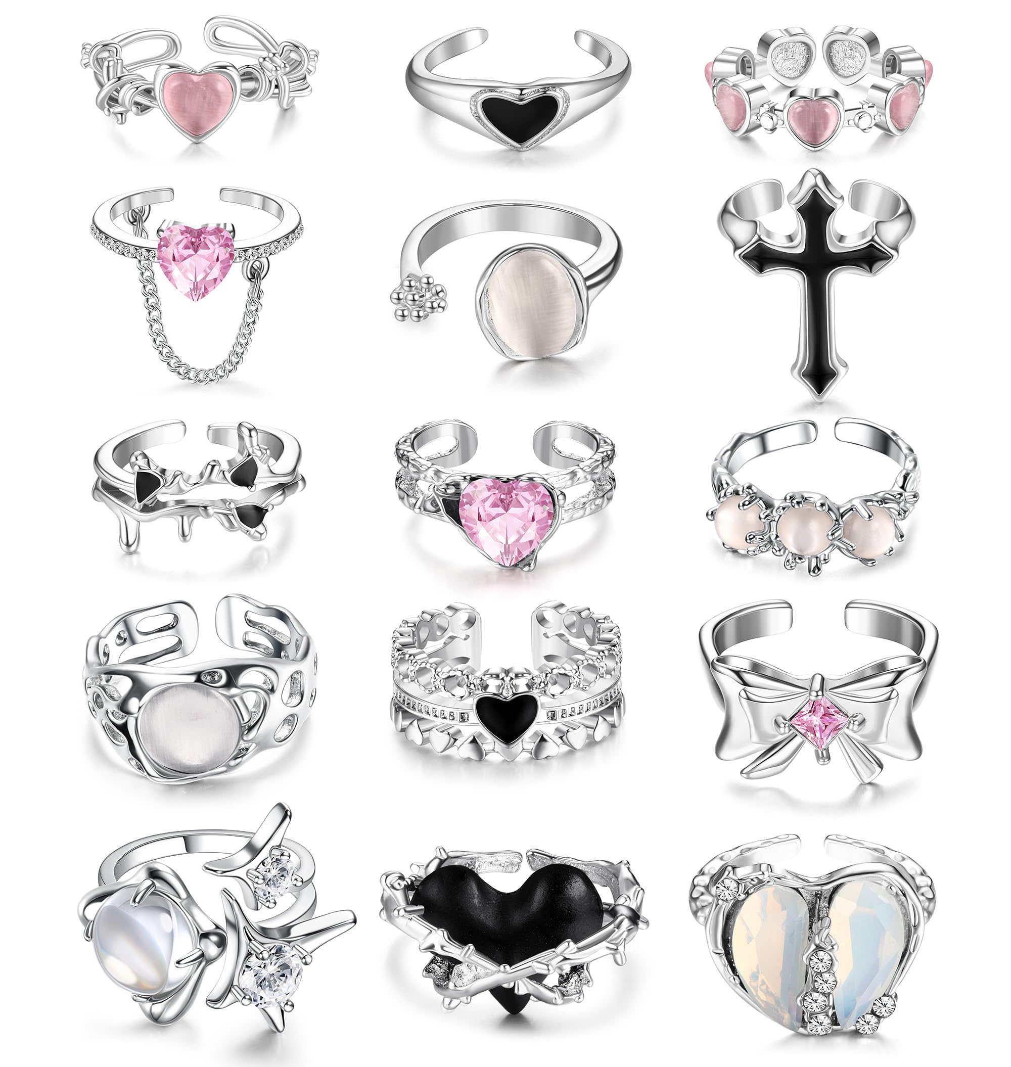 – 15 Pcs Y2k Rings For Women Teen Girls Irregular Adjustable Open Ring Vintage Punk Grunge Gothic Goth Moonstone Star Thorn Heart Cross Bud Bow Ring Set
