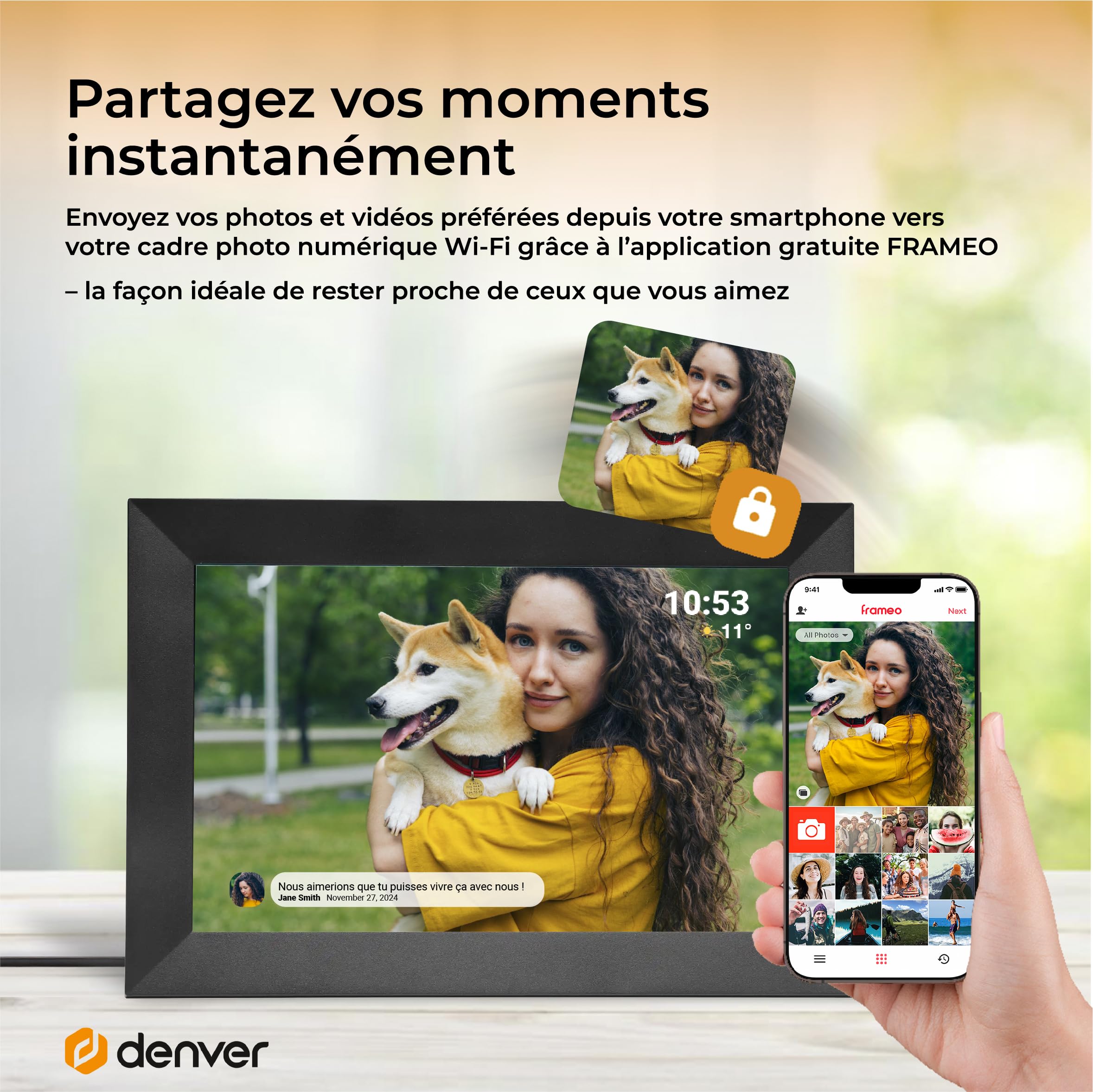 Denver PFF-1024BMK2 Cadre Photo numérique Wi-FI FRAMEO 10,1 Pouces, écran Tactile IPS 1280 x 800, mémoire 16 Go, Application iOS/Android, Noir