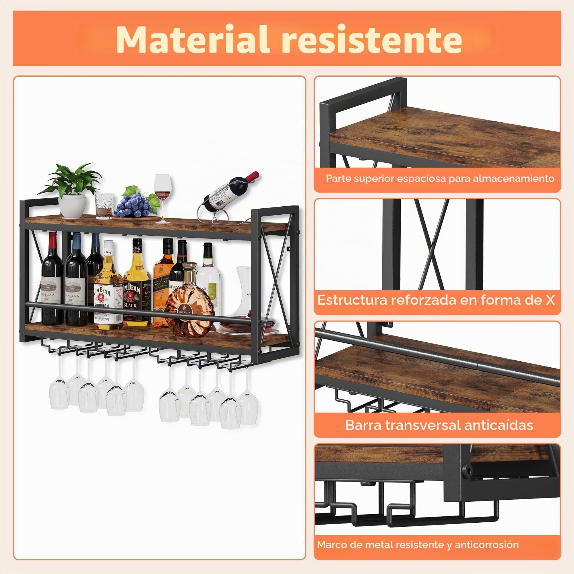 Homeiju Estante de vino montado en la pared, soporte para botellas y vasos, estante flotante retro de madera y metal, estante de almacenamiento de pared para cocina, comedor, hogar, bar