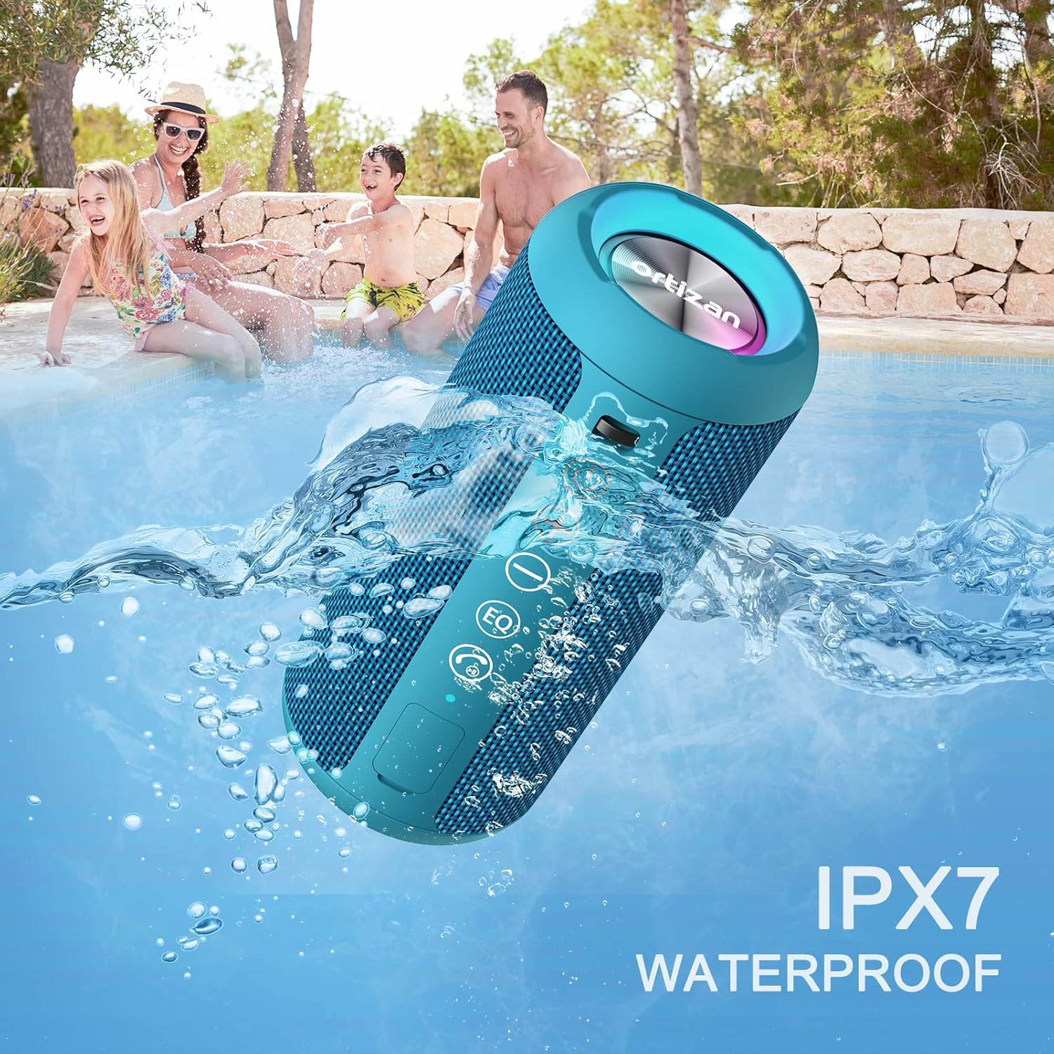 Ortizan Głośnik Bluetooth ze światłem LED, mini, przenośny, funkcja głośnomówiąca, bezprzewodowy, wodoodporność IPX7, dźwięk przestrzenny 360°, z AUX, TF, do użytku na zewnątrz