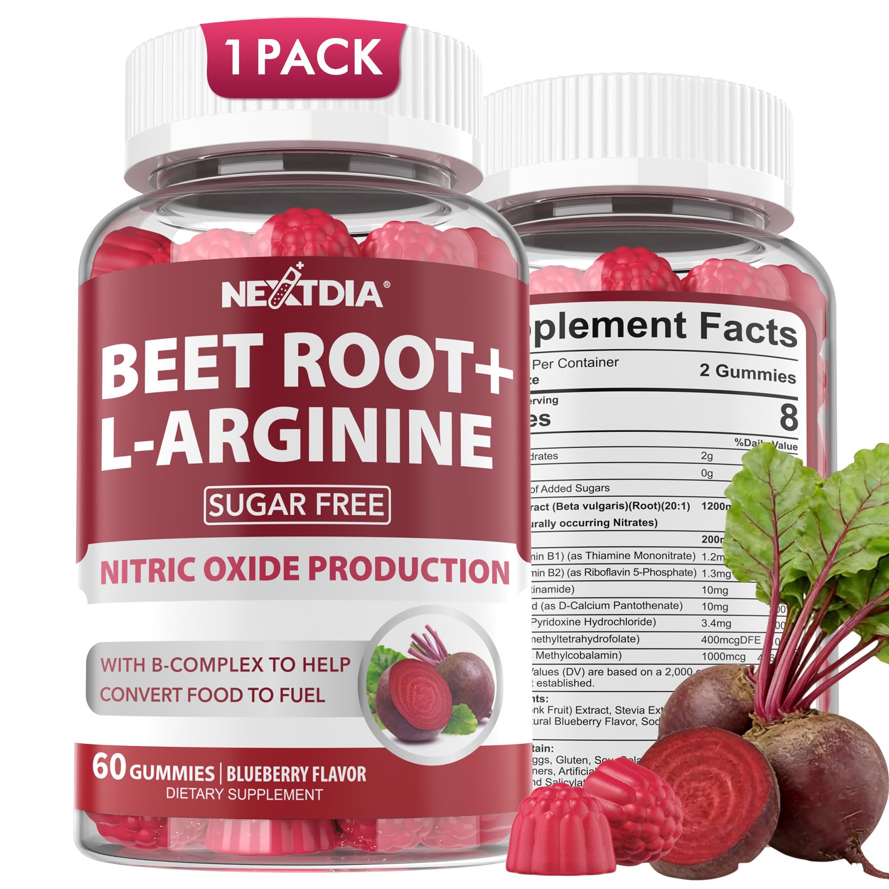 Beet Root Gummies 1200mg with L-Arginine, B1, B2, B3, B5, B6, Folate, B12 60 Count (Pack of 1)