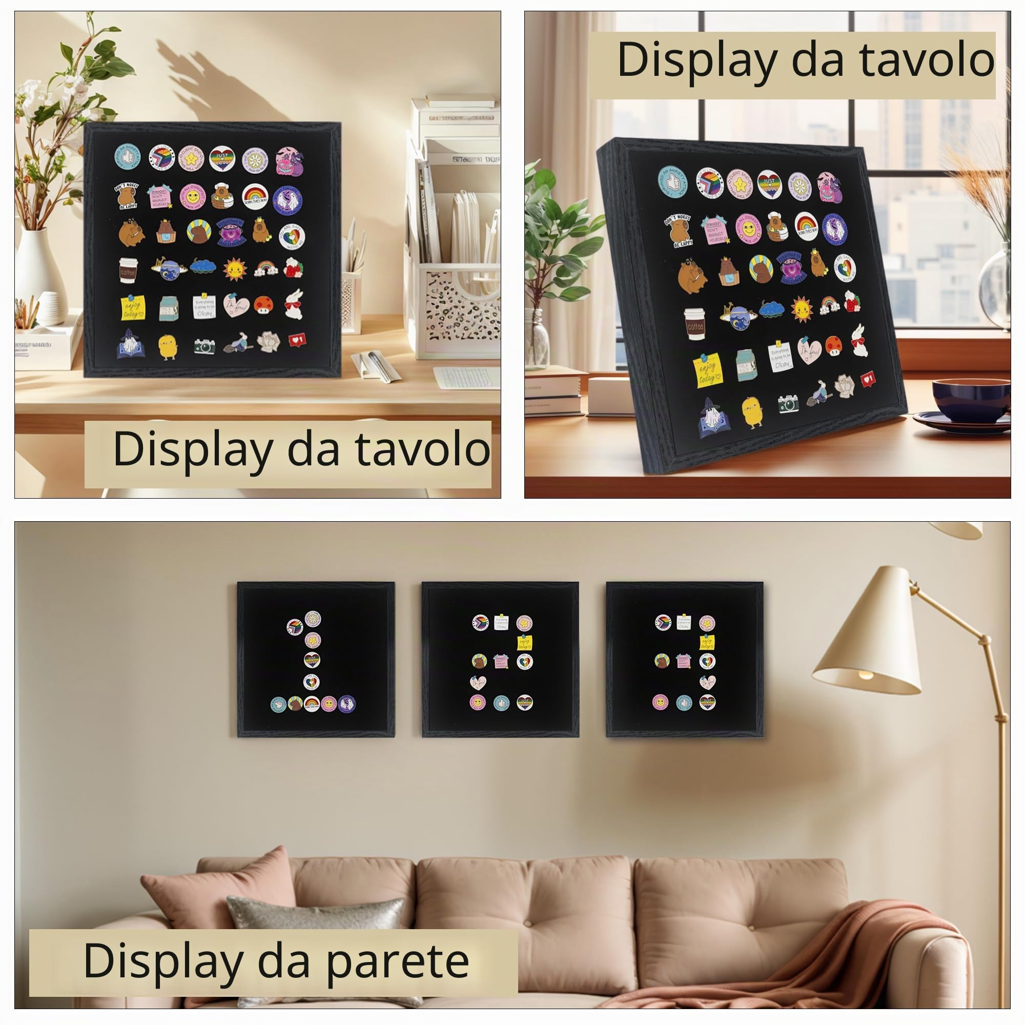 GMFrames Teca espositiva per spille smaltate 11x11 pollici (28x28 cm), cornice espositiva per collezione con vetro vero, shadow box per parete e piano d'appoggio, porta spille nero