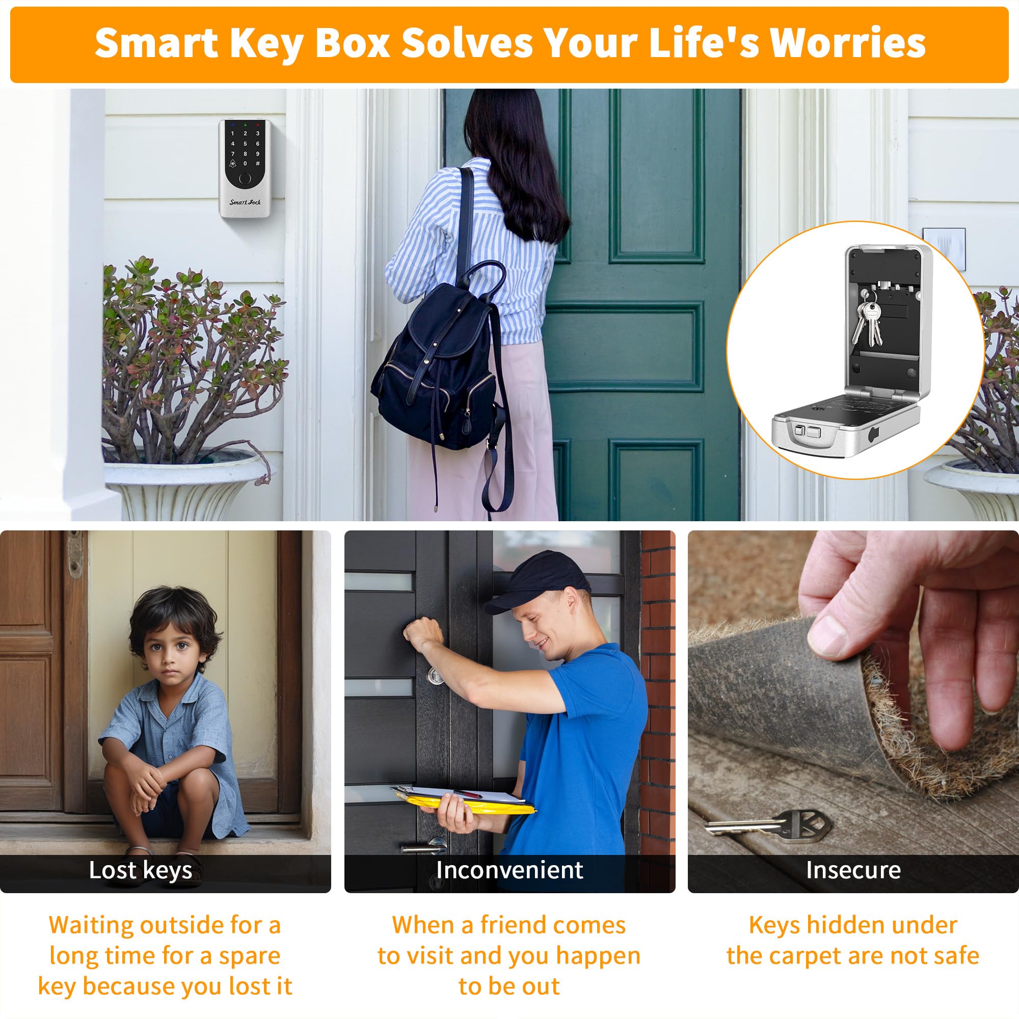 Cassetta di sicurezza per chiavi da parete, con app e impronte digitali, impermeabile IP66, con campanello integrato, scatola intelligente per chiavi di casa, auto, per esterni (argento)