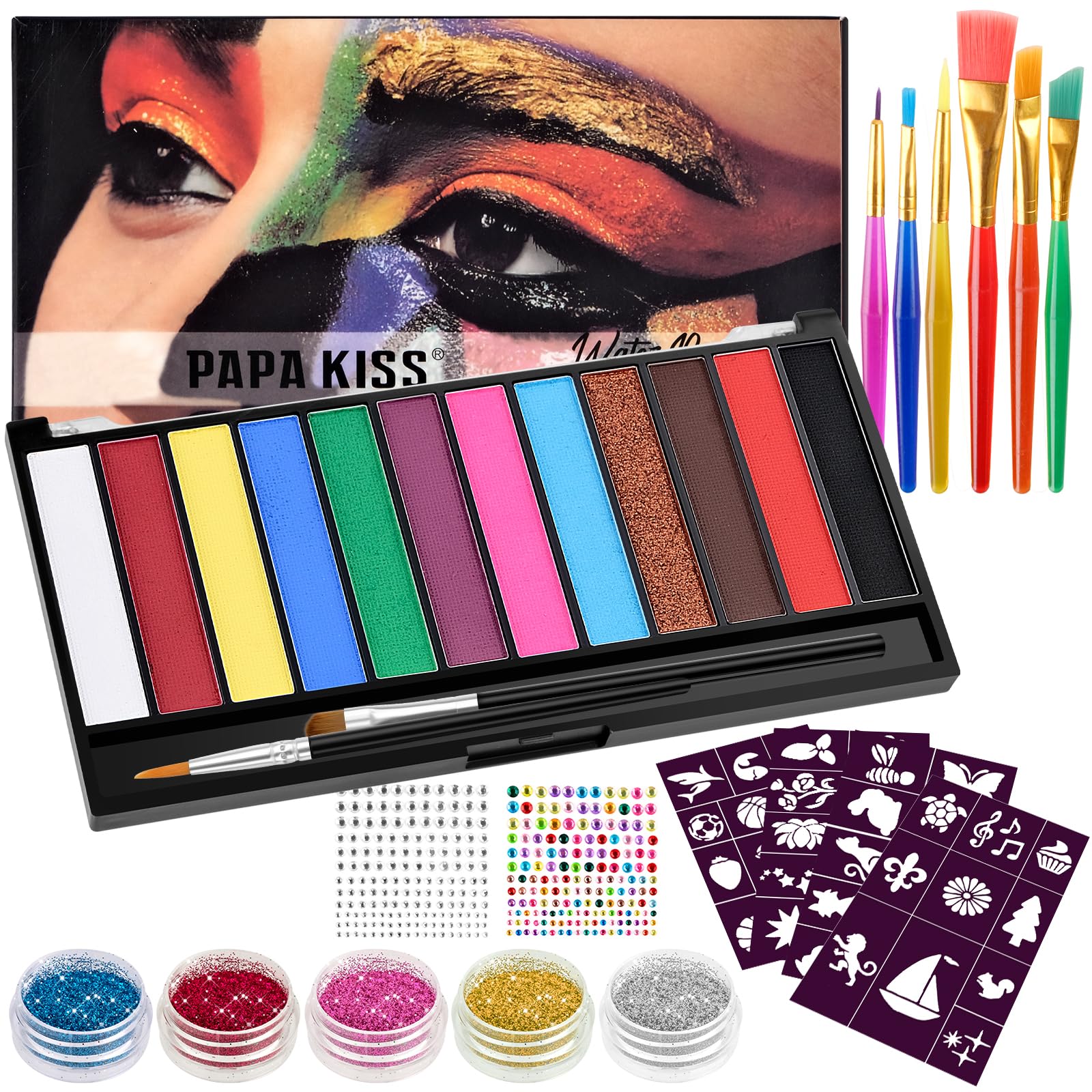 WuGU Pintura Cara Niños, 12 Colores Pintacaras Infantil, Pinturas Cara para Niños, Seguridad Pintura Facial y Corporal para Maquillaje Infantil con 40 Plantillas 8 Pinceles, para Cosplay Halloween