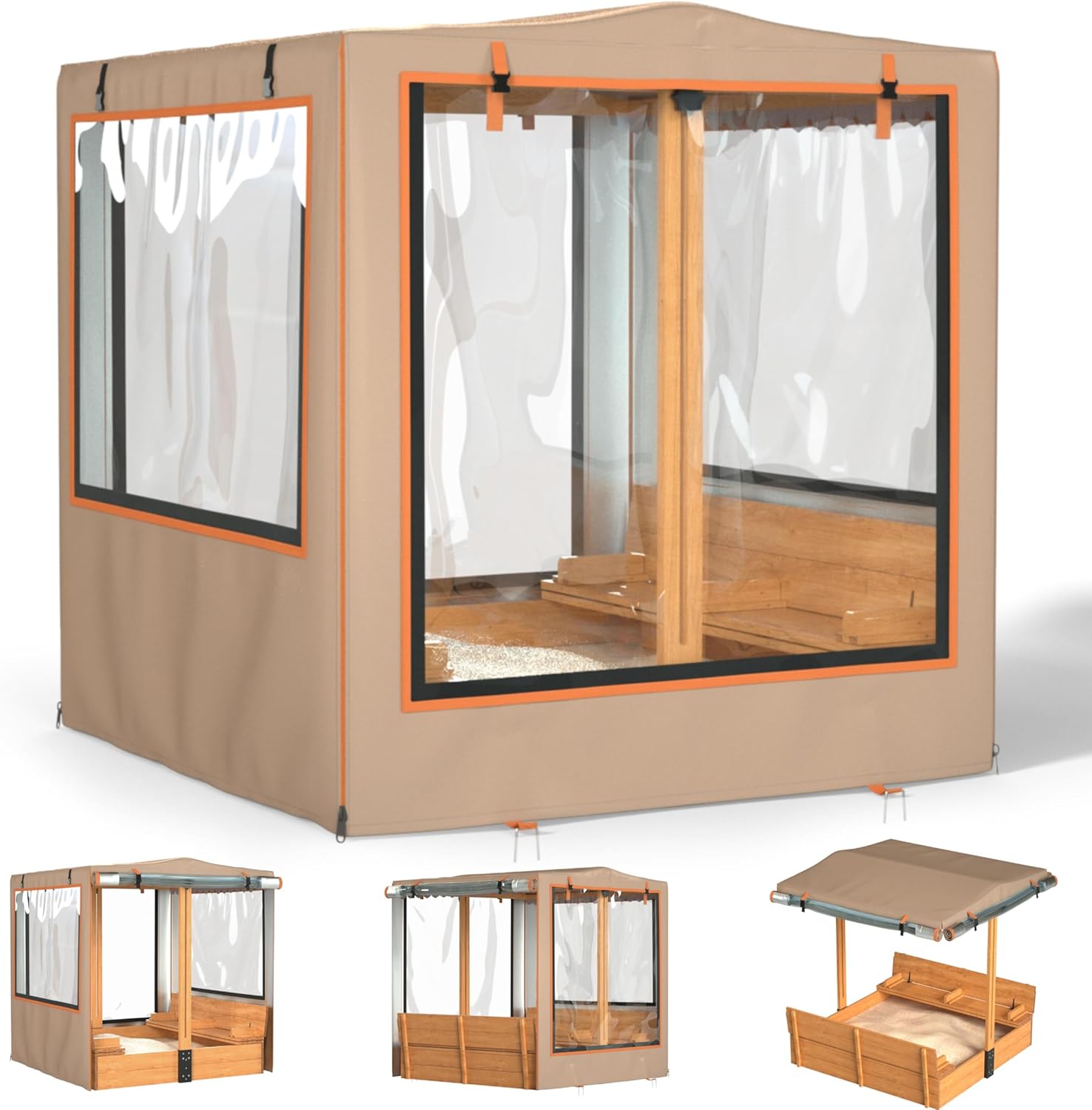 Sandbox Cover, 48” L x 48” W x 52” H,Rolls up on All Sides for use Without disassembly,Kids Wooden Sandbox with Canopy and Collapsible Bench.(Khaki)