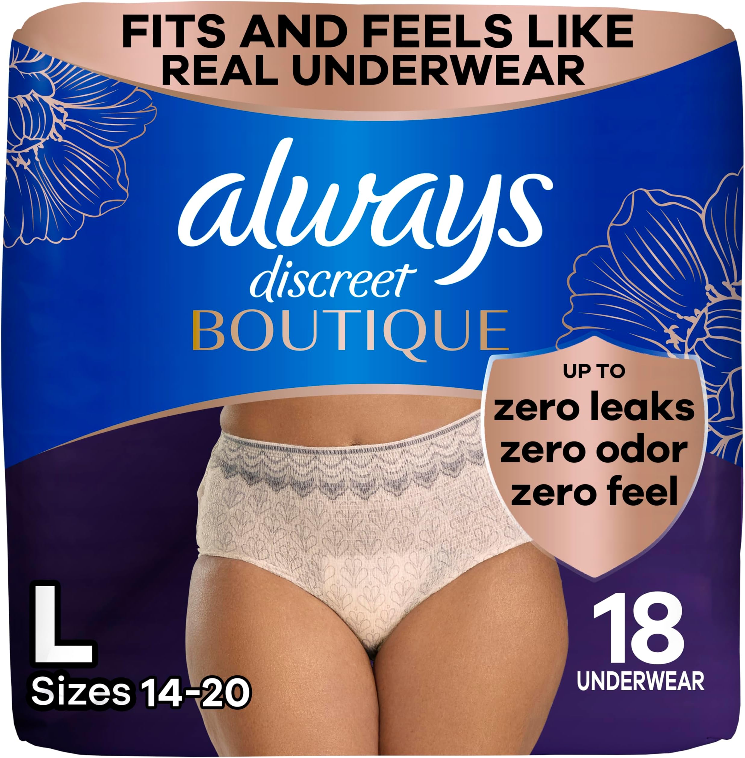 Always Discreet Boutique, Incontinence & Postpartum Underwear for Women, Maximum Protection, Peach, Large, 18 Count