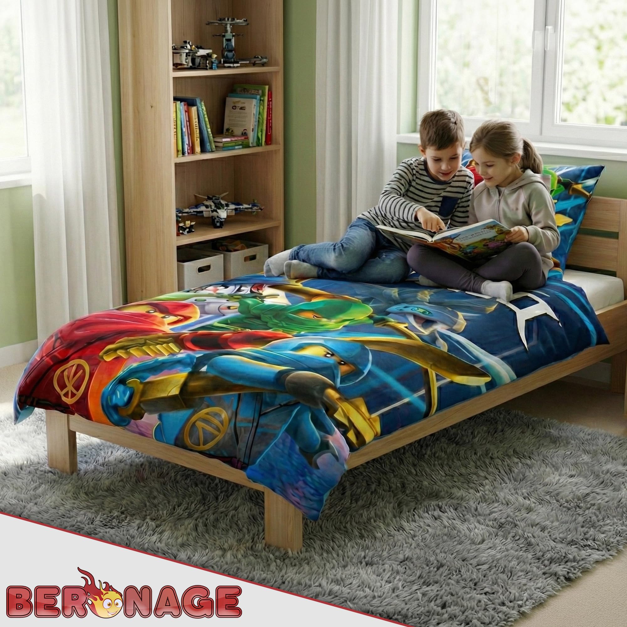 BERONAGE Lego Ninjago Kinder-Bettwäsche Ninja Save Heaven 135x200 cm + 80x80 cm 100% Baumwolle Linon/Renforcé Zwei Vollmotive - deutsche Größe Reißverschluss passend z. Decke Kissen Badetuch Poncho