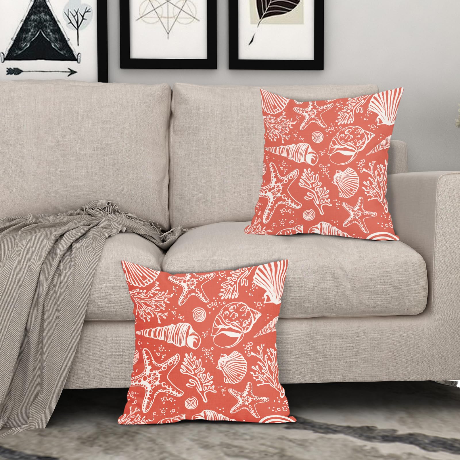 AEIOAE Coastal Coral Pillow Covers Set Of 2 - 18x18 Inch Starfish Beach Throw Covers, Linen Blend, Hidden Zipper - View #8