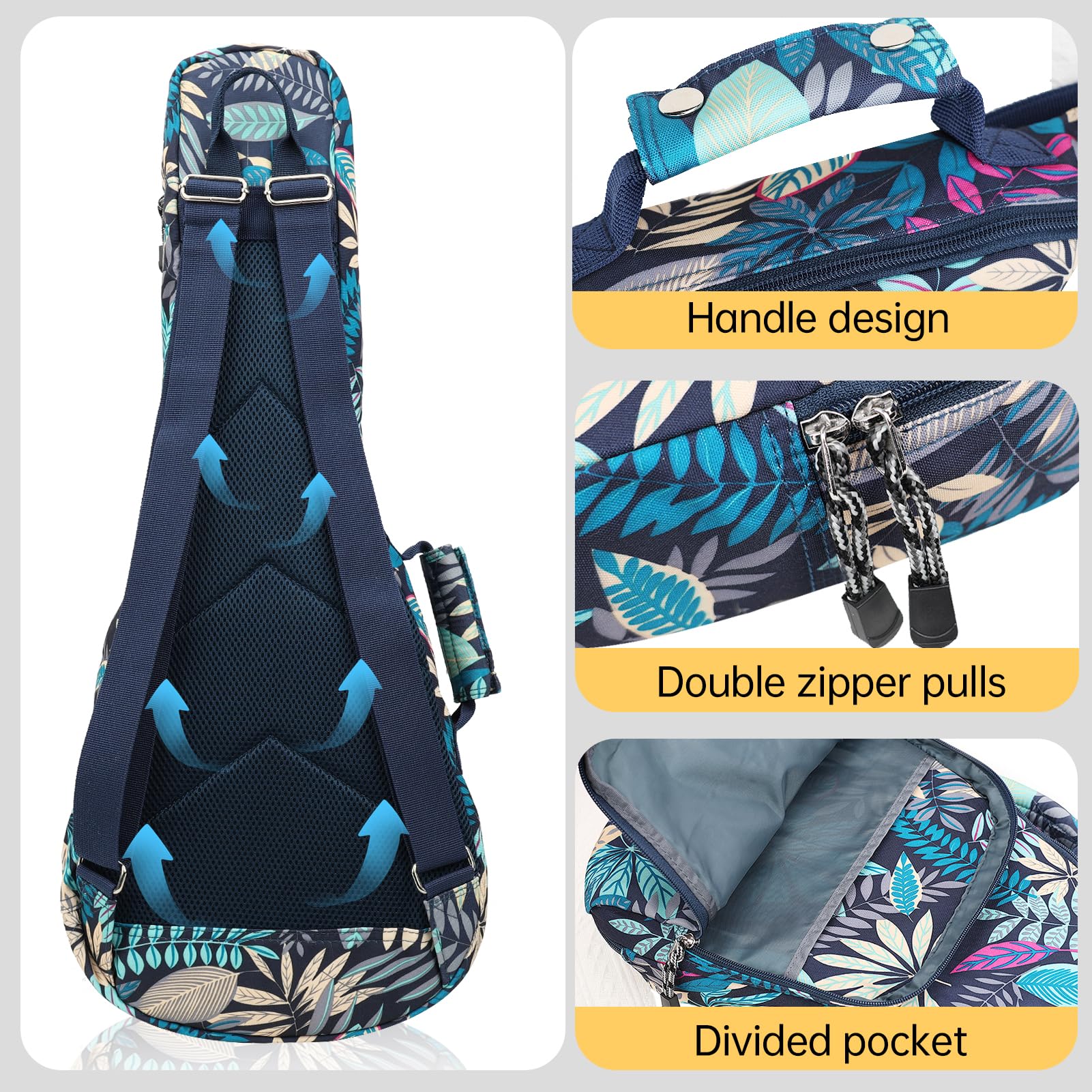 Bolsa para ukelele tenor de 26 pulgadas, bolsa de instrumentos con estampado de hojas tropicales de verano, color azul