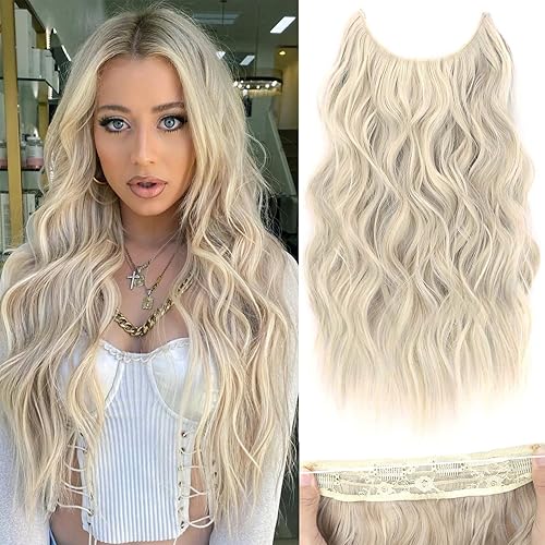 Extensiones de cabello sintético largo ondulado de 20 pulgadas con alambre transparente ajustable, con 4 clips seguros, para uso diario en fiestas
