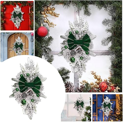 Miniatura 6 de Corona navideña roja y blanca para puerta delantera, guirnalda de Navidad inalámbrica para colgar en la pared, decoración de interiores y exteriores