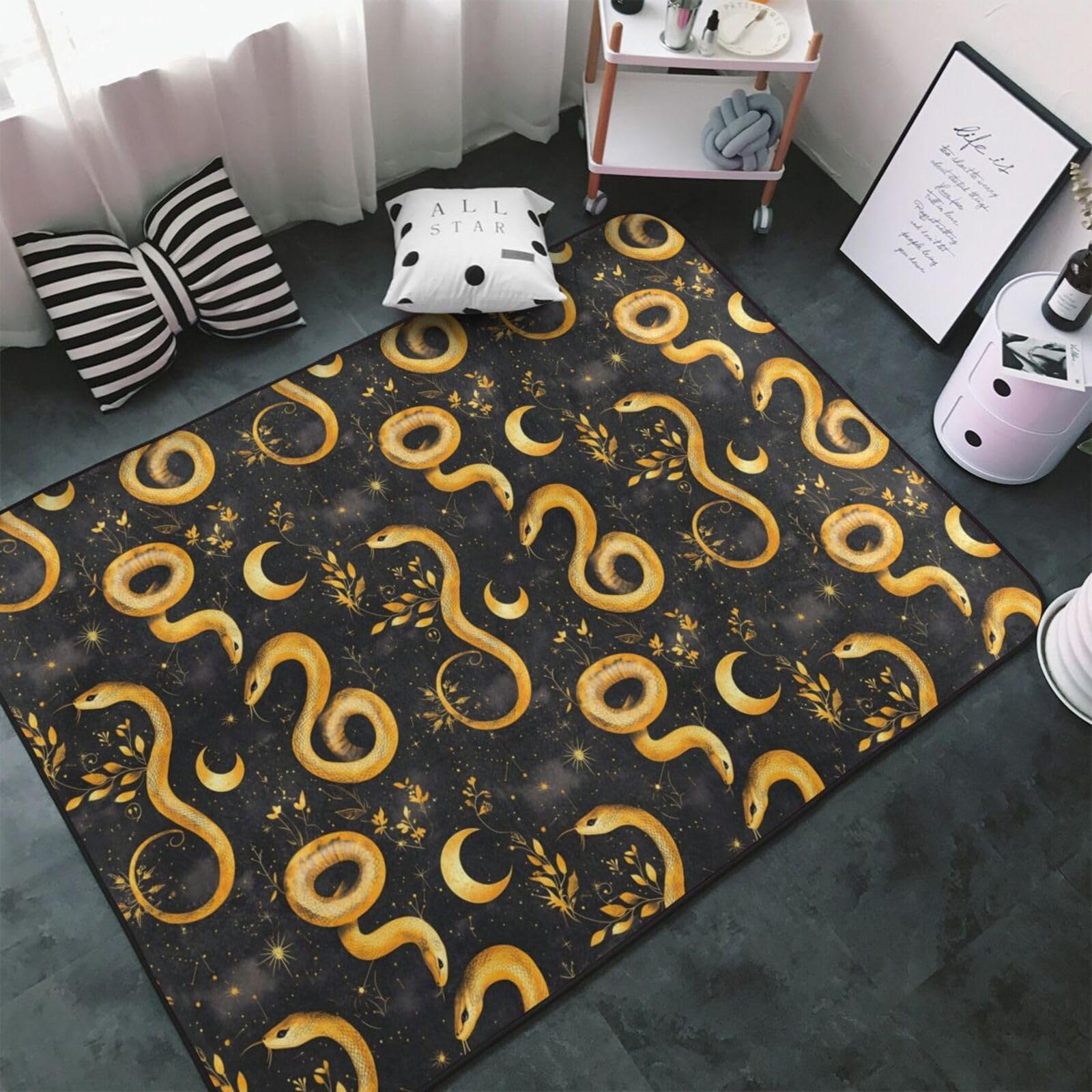 Tapis de chambre feuilles serpent dorées pour une ambiance cosy