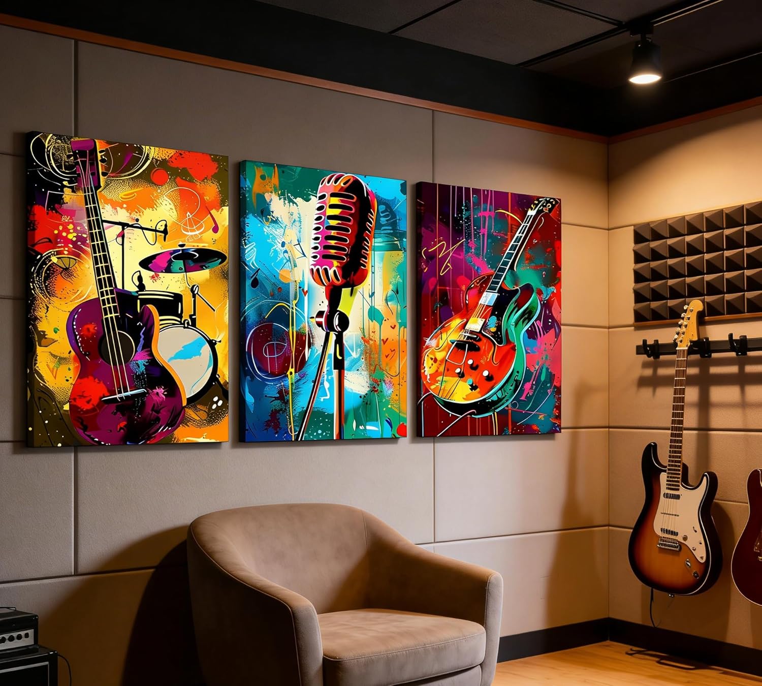 3Pcs Graffiti Guitar Canvas Wall Art Cool Musical Themed Painting Picture Wall Decor Colorful Microphone Guitar Instrument Poster Print Artwork for Music Studio Rock punk Recording Studio Decoration