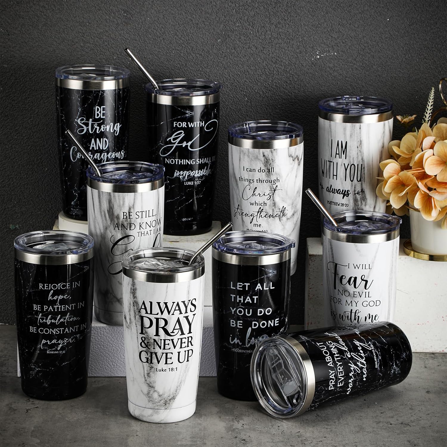 Meanplan 10 Set Christian Gift Bible Verse Tumbler Bulk 17oz Coffee Cup Religious Jesus Tumbler Inspirational Mug for Pastor Appreciation Day Men Women Church Teacher (Black and White, Bible Theme) - Image 5