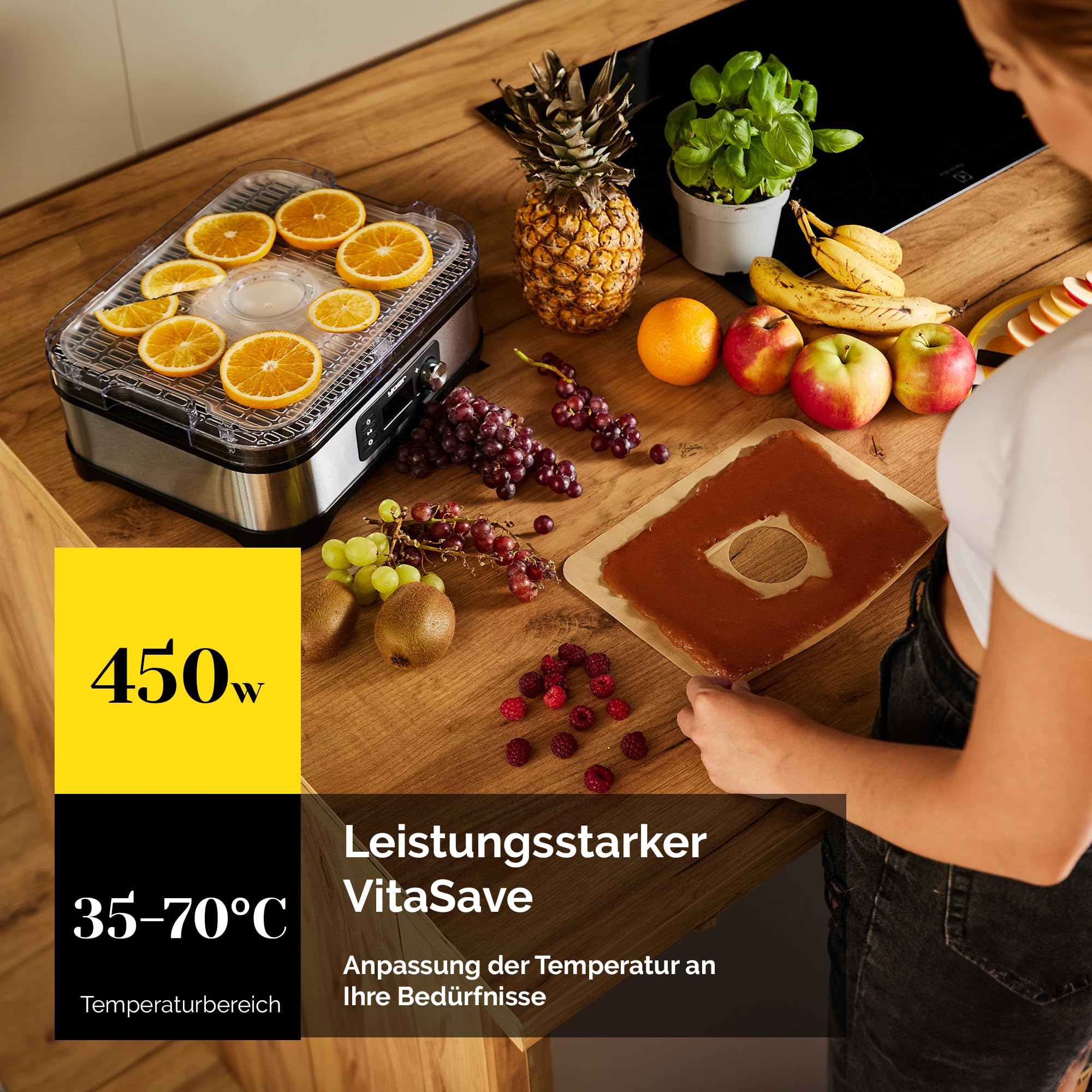 Yoer Dörrautomat Edelstahl, Dörrgerät mit 6 Einlegefächern, 35-70°C, 4725 cm2, 24h Timer, Dehydrator, 450W, Beef jerky, Obst, Kräutertrockner, Müsliriegel, LED-Anzeige, VitaSave FD01S