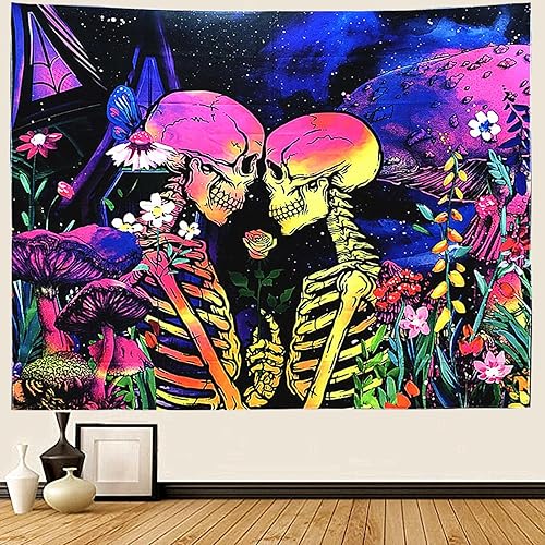 Miniatura 2 de SIGISY Tapiz para amantes del cráneo de luz negra, tapiz romántico para amantes del cráneo, tapiz floral de hongos reactivos a los rayos UV, tapiz