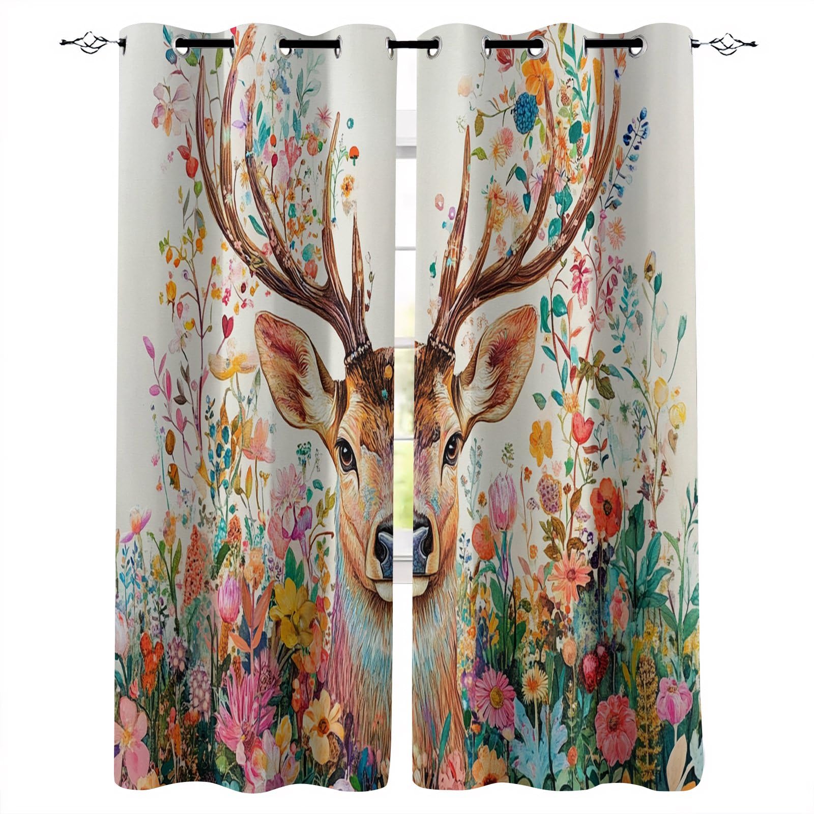 Generisch REH Vorhänge Wohnzimmer Modern Blickdichte Gardinen Bunte Blumen Tier Hirsch Ösenvorhang 2er Set Verdunklungsvorhänge Thermovorhang Übergardinen mit Ösen, H 175 x B 140 cm
