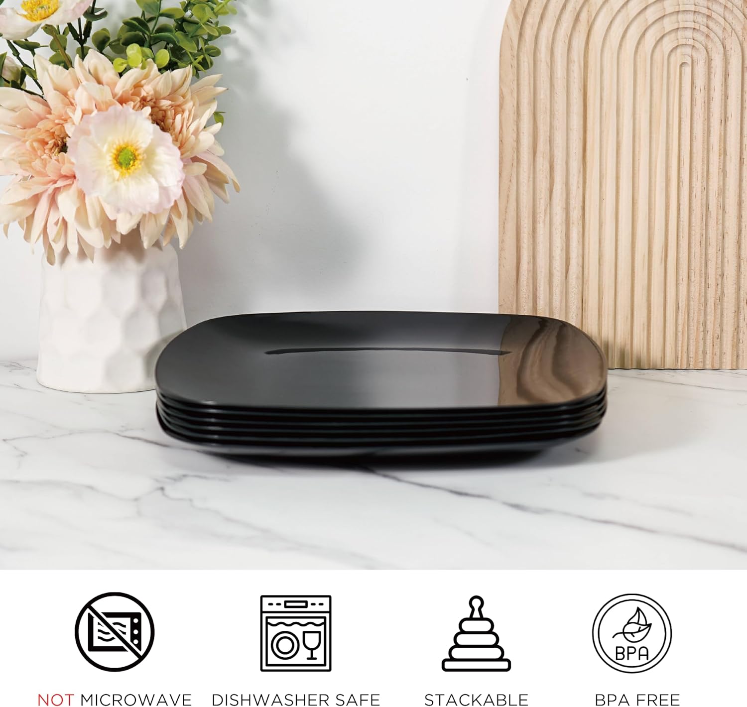 TP 10.5" Melamine Square Dinner Plates, 6-piece Plate Set Unbreakable Serving Dishes for Indoors and Outdoors, Unbreakable Dinner Service for 6 (Black)