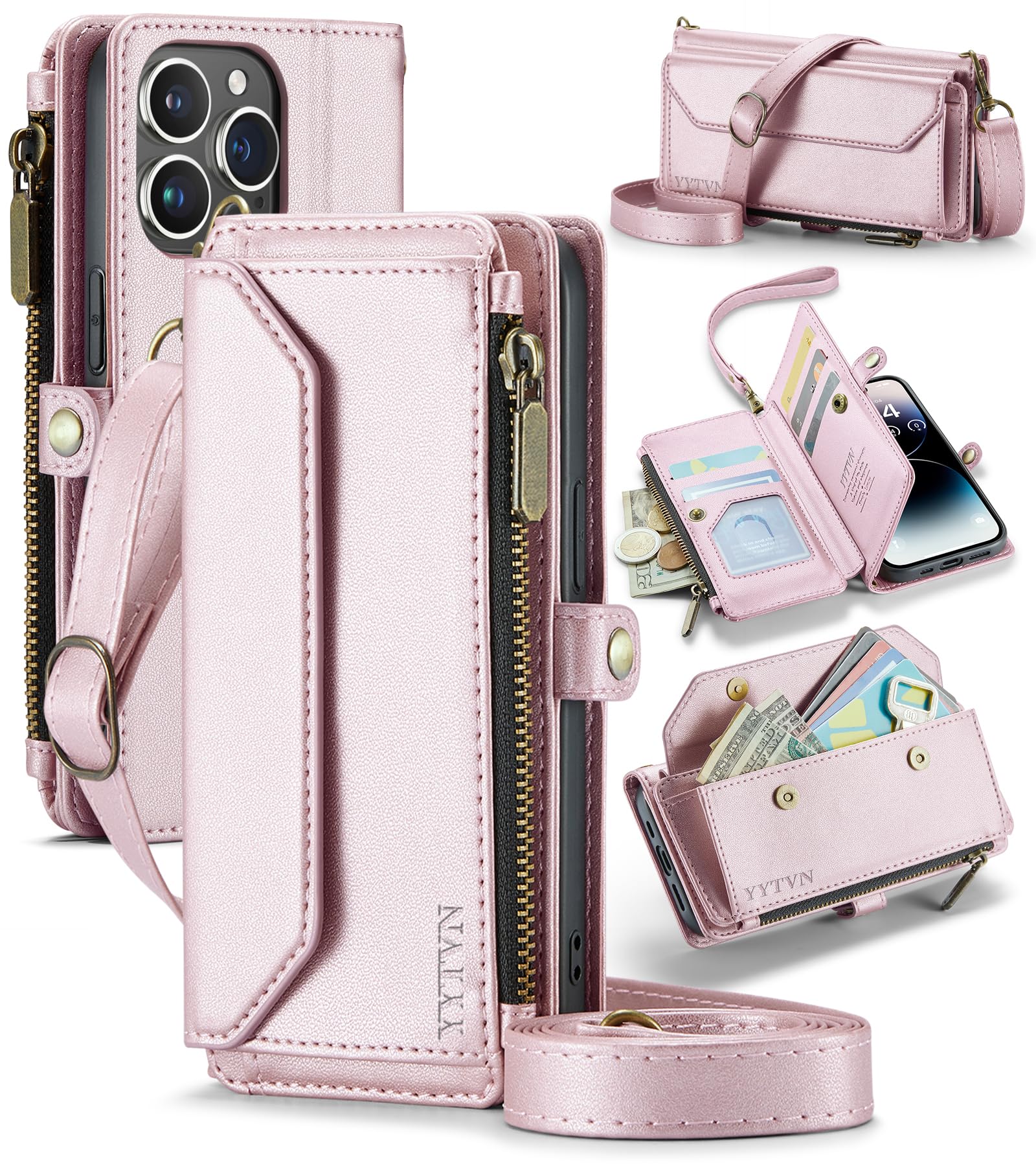 YYTVN for iPhone 13 Pro Wallet Case with Zipper Card Holder & Crossbody Lanyard Strap & Wrist Strap, RFID Blocking PU Leather Magnetic Flip Handbag