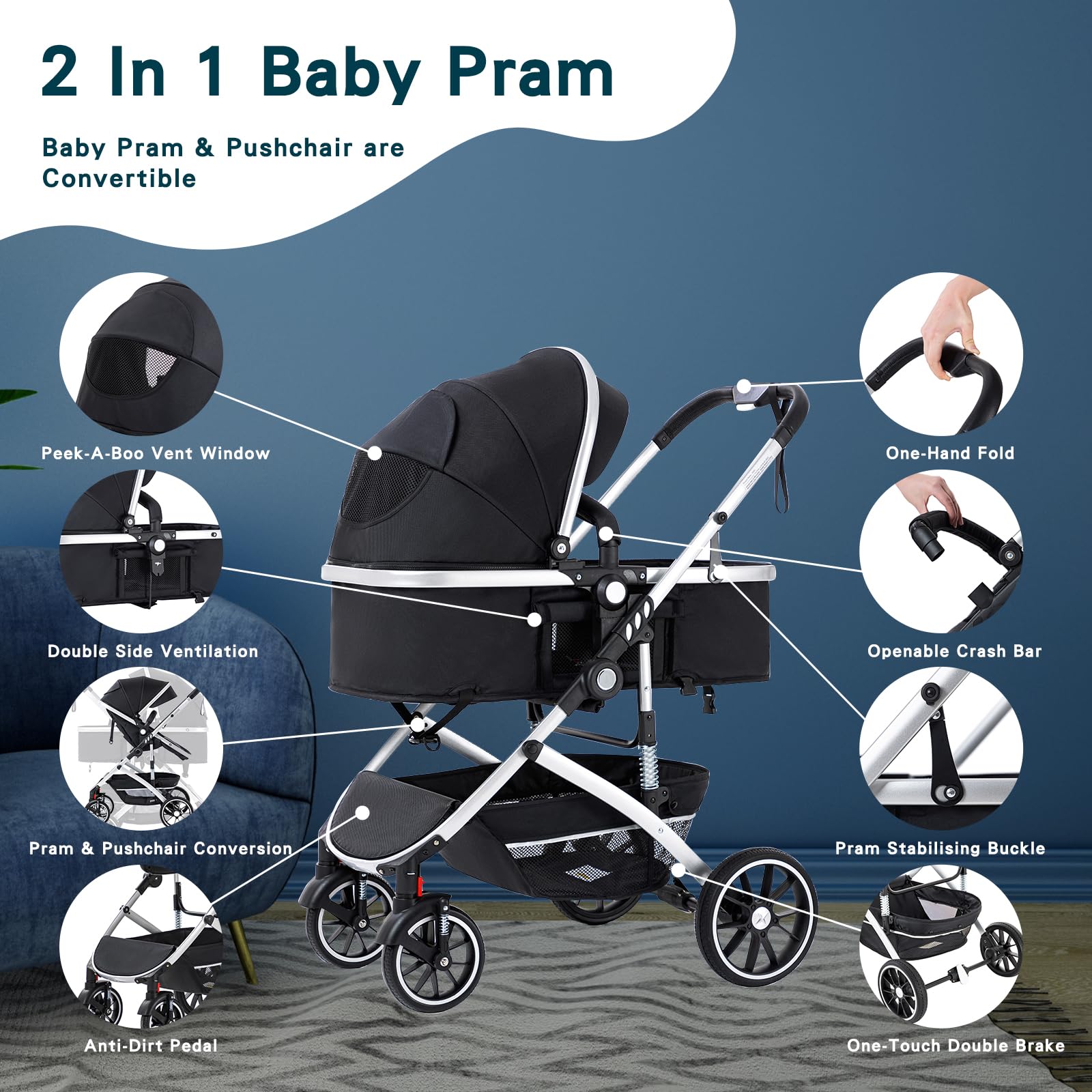3 en 1 Cochecito de Bebé, Sistema de Viaje, Carrito Bebé Plegable con Un Solo Clic, Silla de Paseo, Capazo y Asiento de Cochecito con Mosquitera, Silla de Coche Alto para Recién Nacido 0-4Años