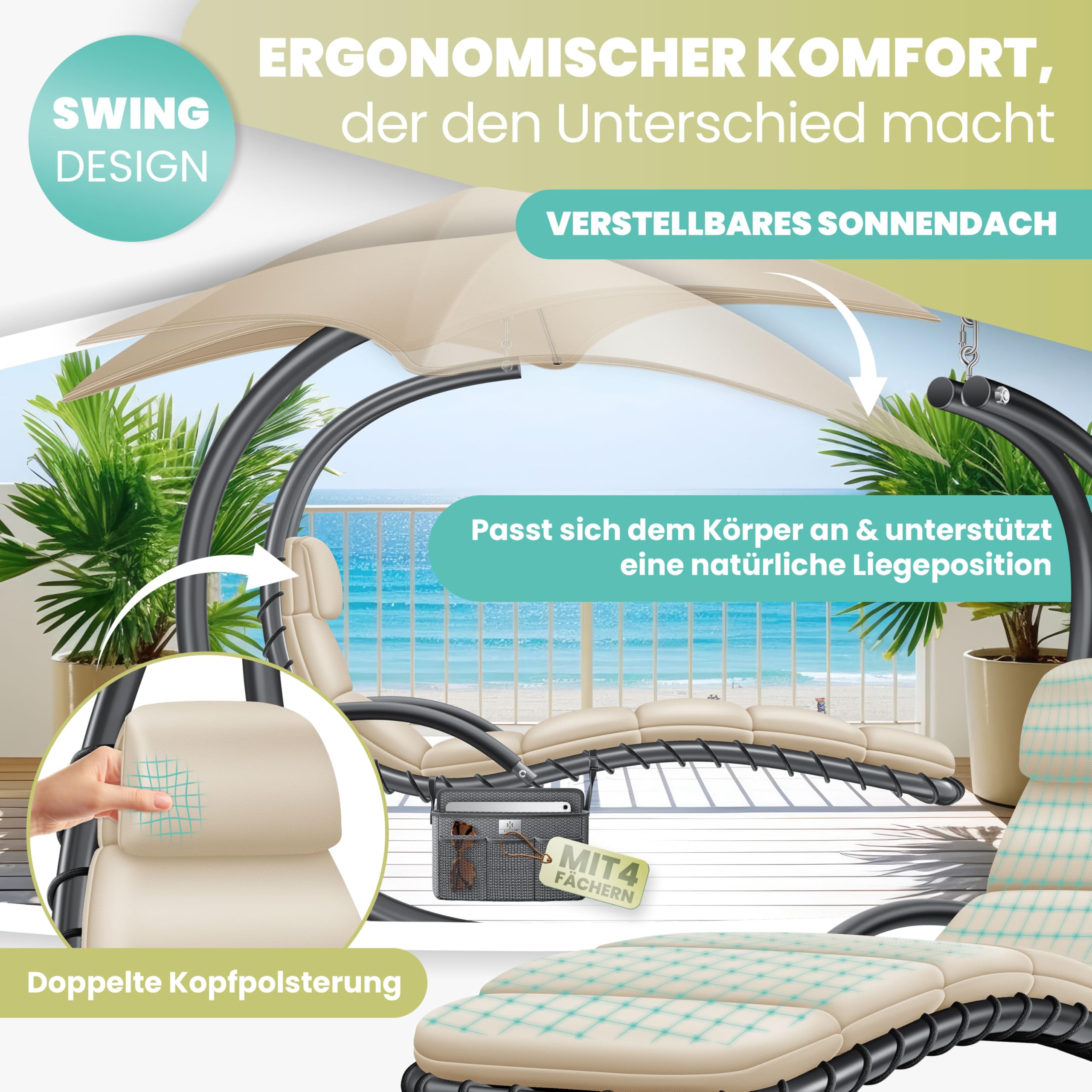 KESSER® Leżak wiszący z parasolem przeciwsłonecznym, wys. 200, dł. 194, szer. 100 cm, leżak relaksacyjny, hamak, obciążenie do 120 kg, leżanka bujana, poduszka na kark, w zestawie torba, Beżowy