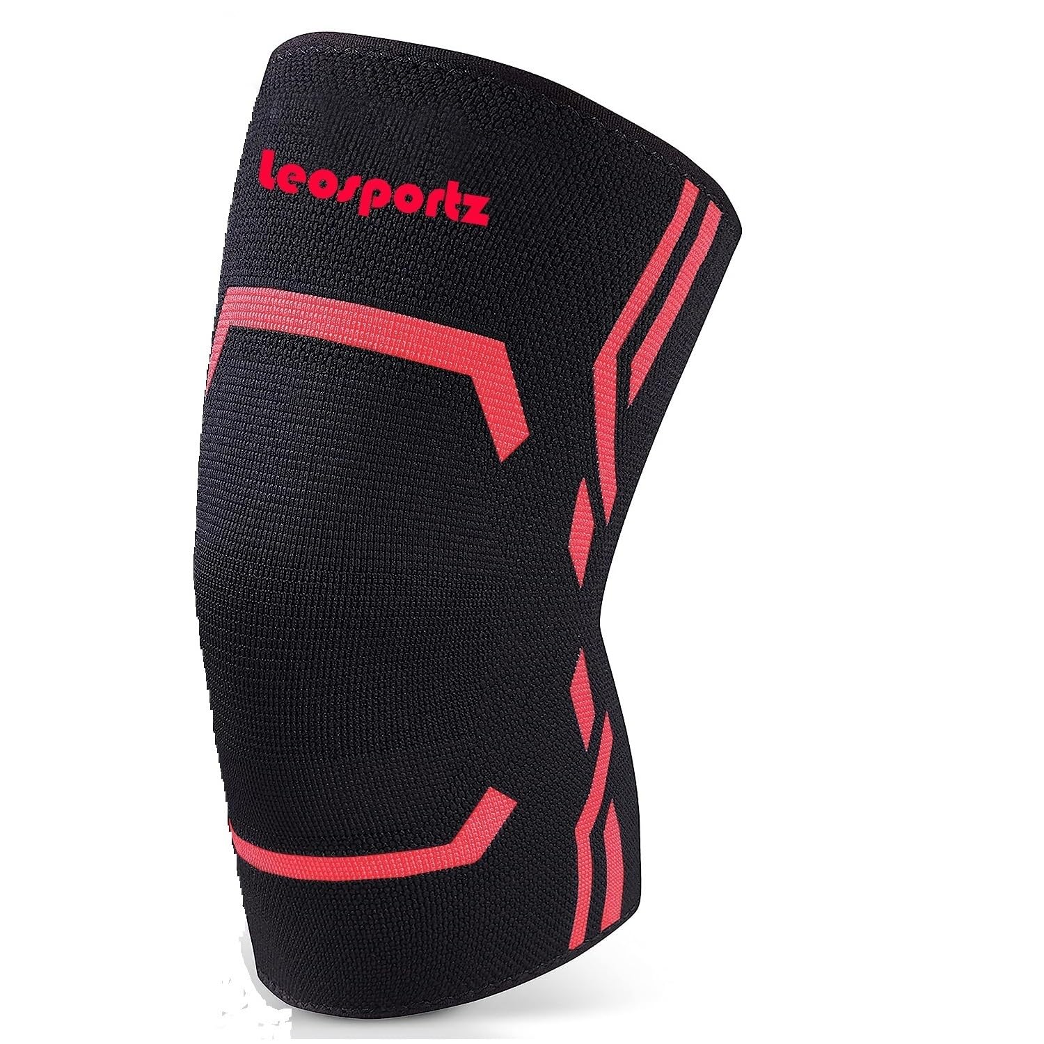 Leosportz Knee Support for Men Gym (1 pair) - 3D Weaving Knee Cap for Knee Pain | Ortho Knee Supporter for Gym Squats | Knee Band for Gym Women Knee Pain Relief (L, Red-Black)