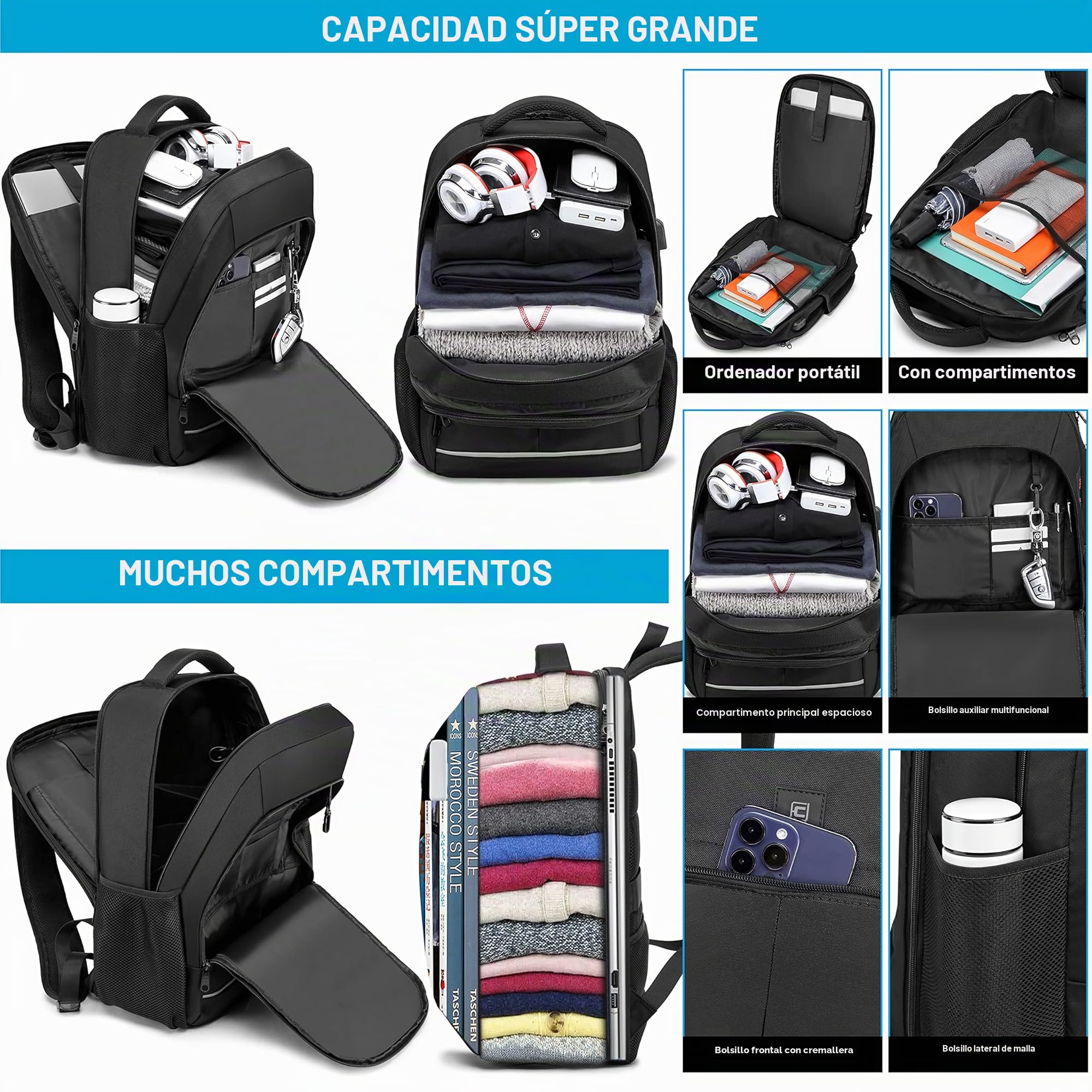 Mochila para computadora portátil, Bolsa de Viaje para computadora portátil, Bolsa universitaria antirrobo para Hombres, Mochila de Negocios Delgada con Puerto de Carga USB