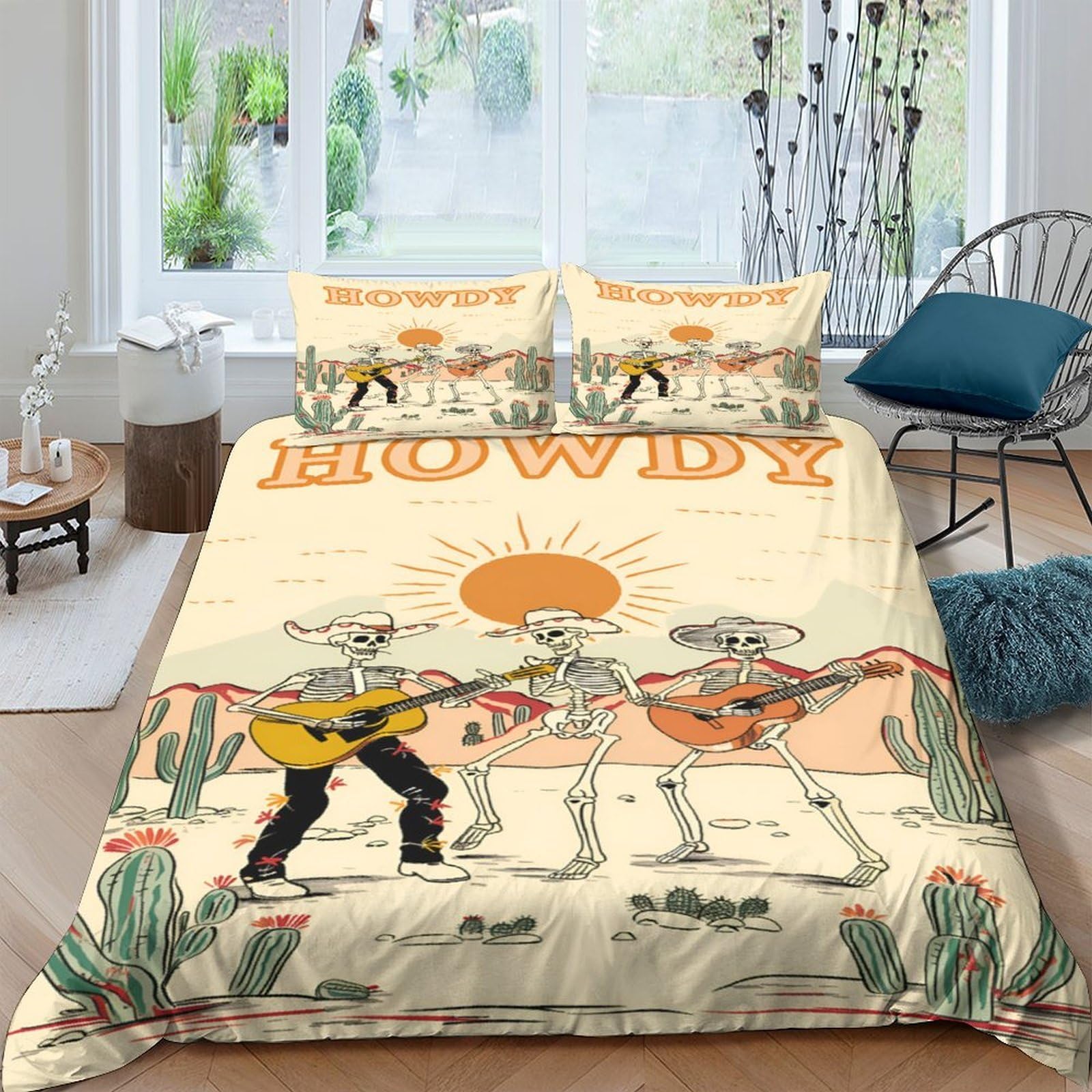 P5V6M1Q9 3D Printed Western Cowboy Skeleton Duvet Cover Microfiber Soft Breathable Sunset Cactus Bedding Set with 2 Pillowcases for Bedroom Decor Single（135x200cm）