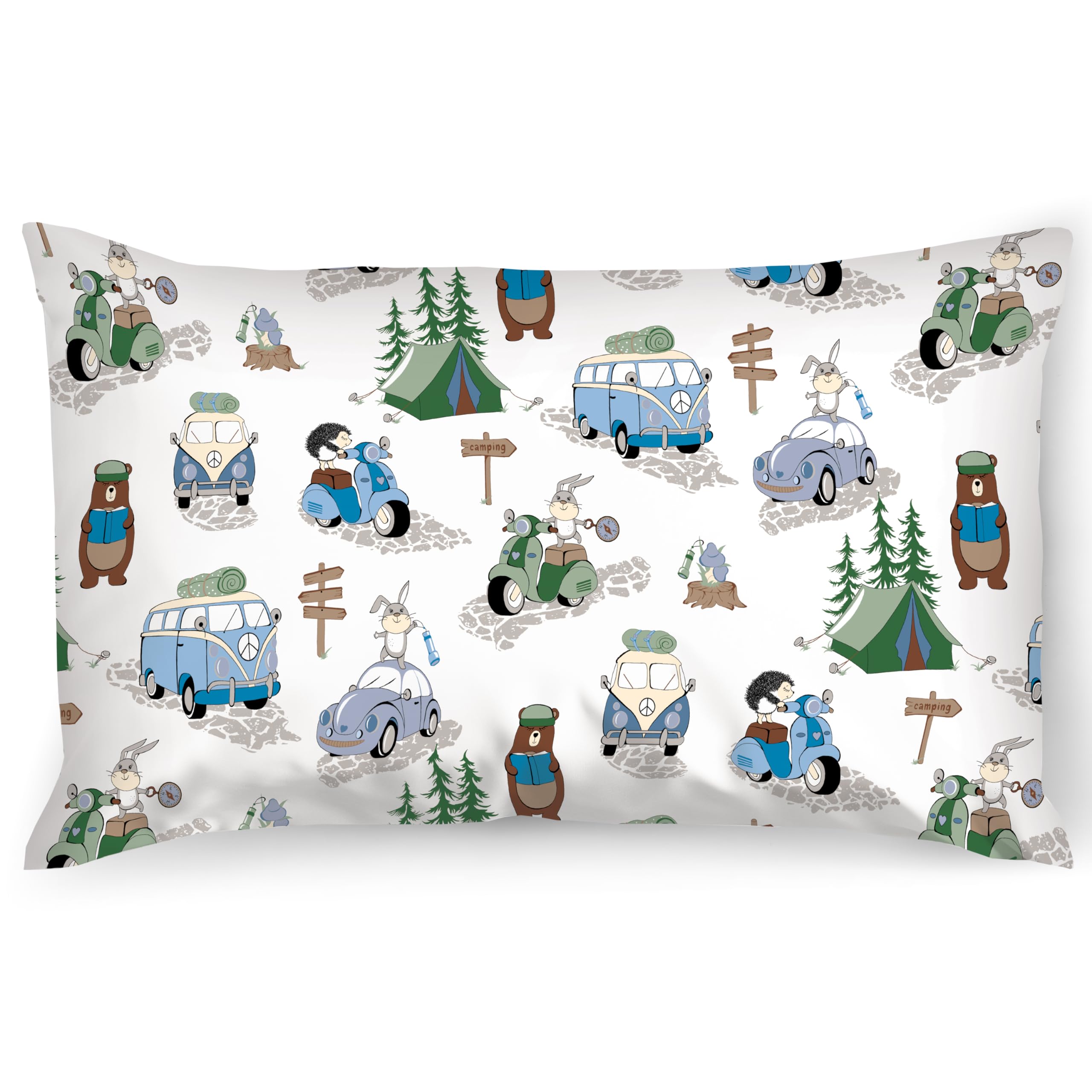 PinkZebra Funda para almohada para niños, funda 50 x 70 cm, 100% algodón, funda para almohada, certificado Oeko-Tex Standard 100, funda para niños con cremallera, Kamping