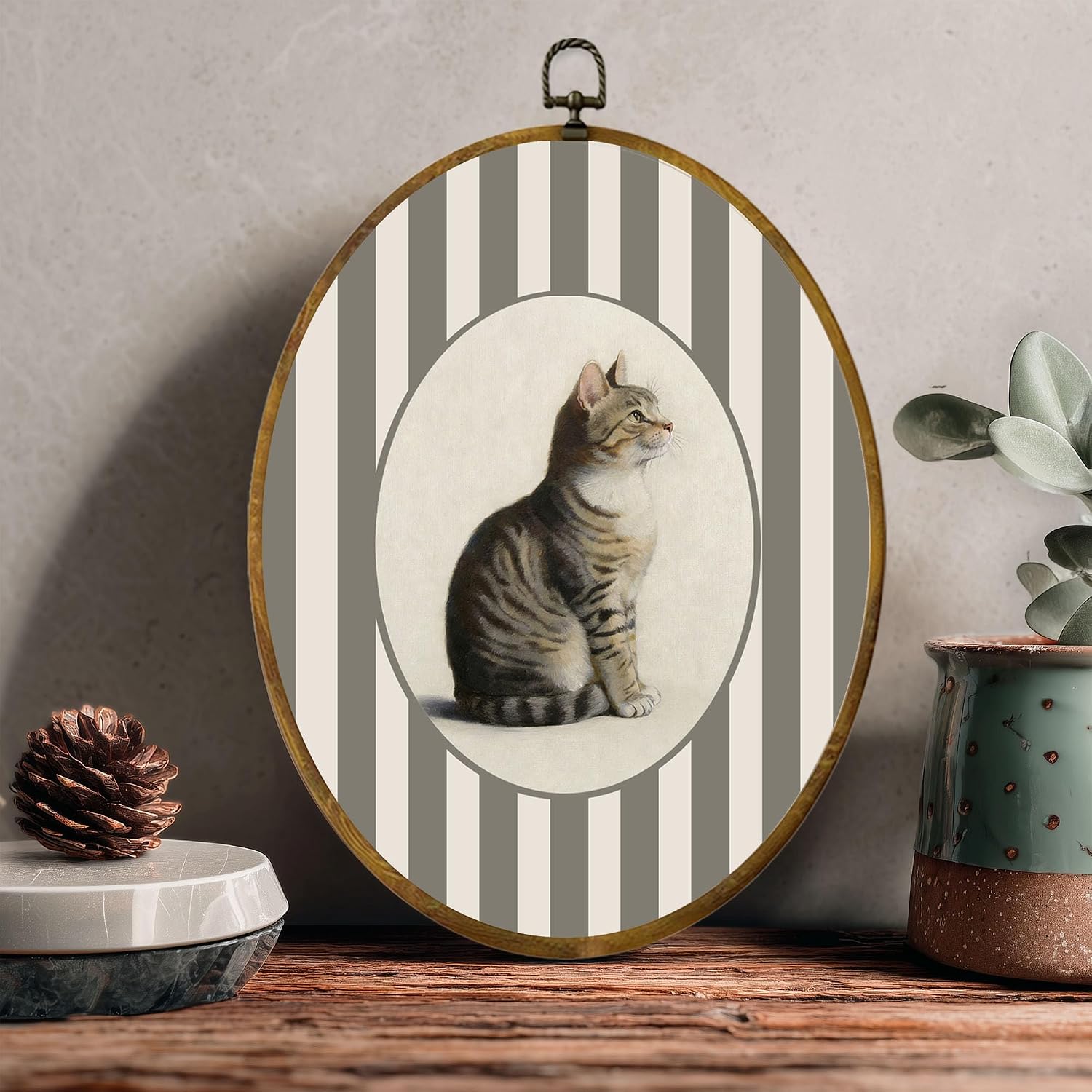 zewepri Tabby Cat Oval Wall Art, Neutral Striped Vintage Canvas, 8.5x11.5 image 2