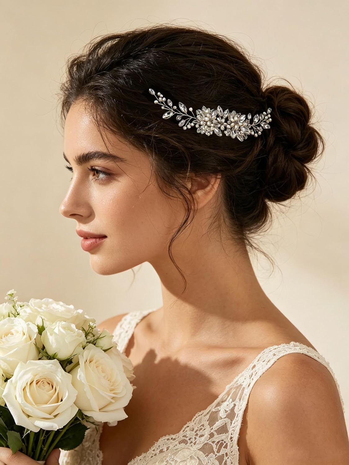 Bridal Hair Comb, Silver, Crystal Rhinestone and Faux Pearl Floral Design, Wedding Headpiece for Bride and Bridesmaid