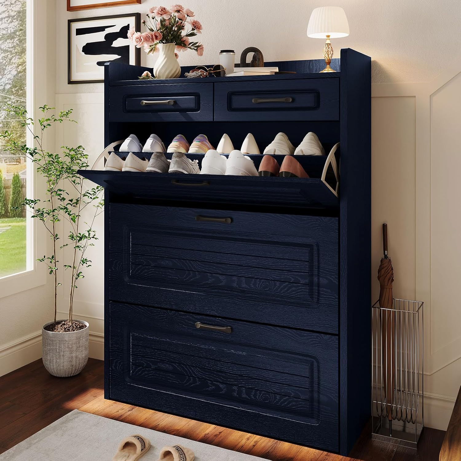 Shoe Cabinet with 2 Storage Drawers & 3 Large Flip Drawers for Entryway, Narrow Wood Shoe Storage Cabinet, Freestanding Hidden Shoe Organizer for Hallway, Living Room, Home & Apartment(Black)