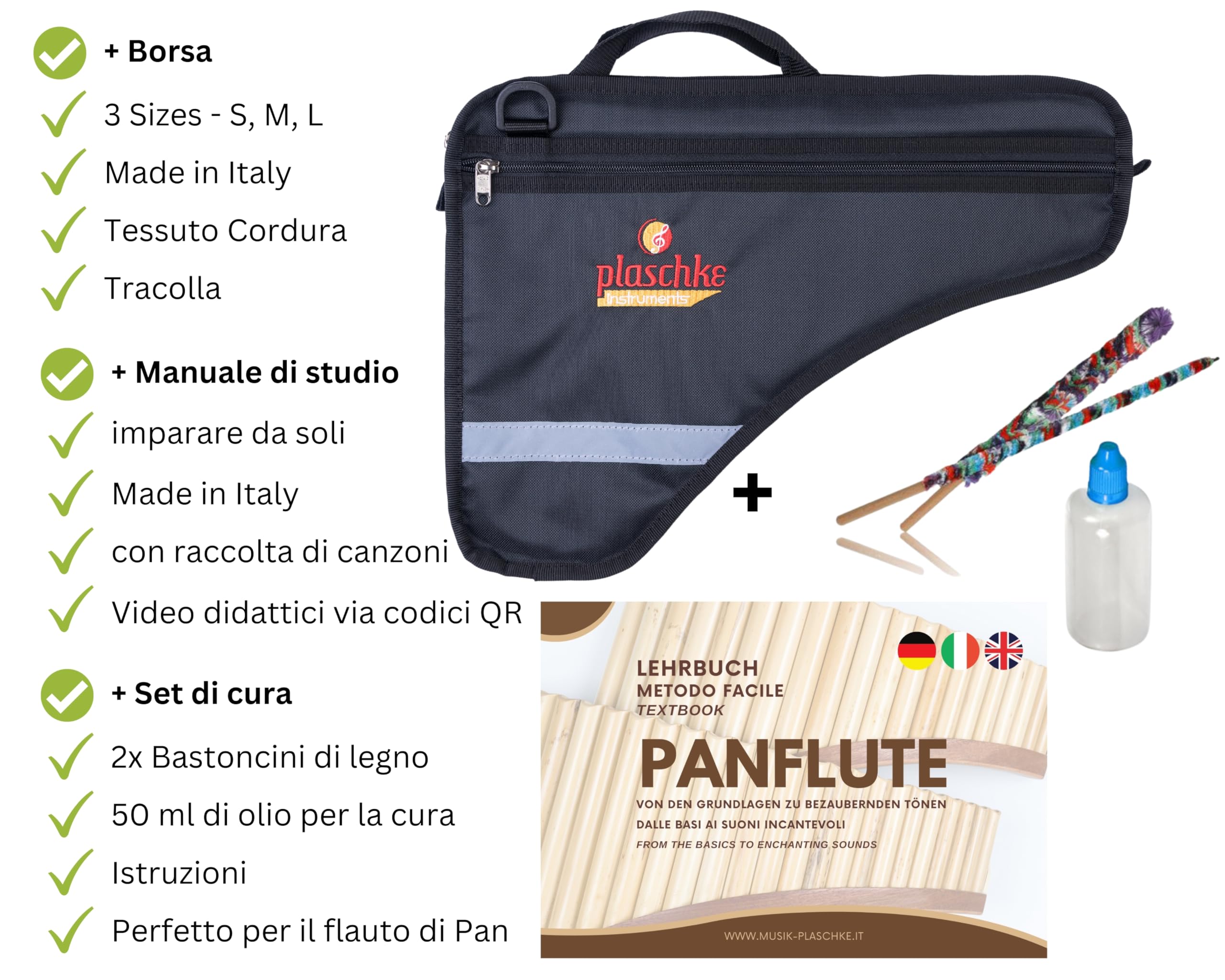 Plaschke Flauto di Pan dell`Alto Adige, kit von custodia, libro didattico e set di cura, 18 toni- Sol
