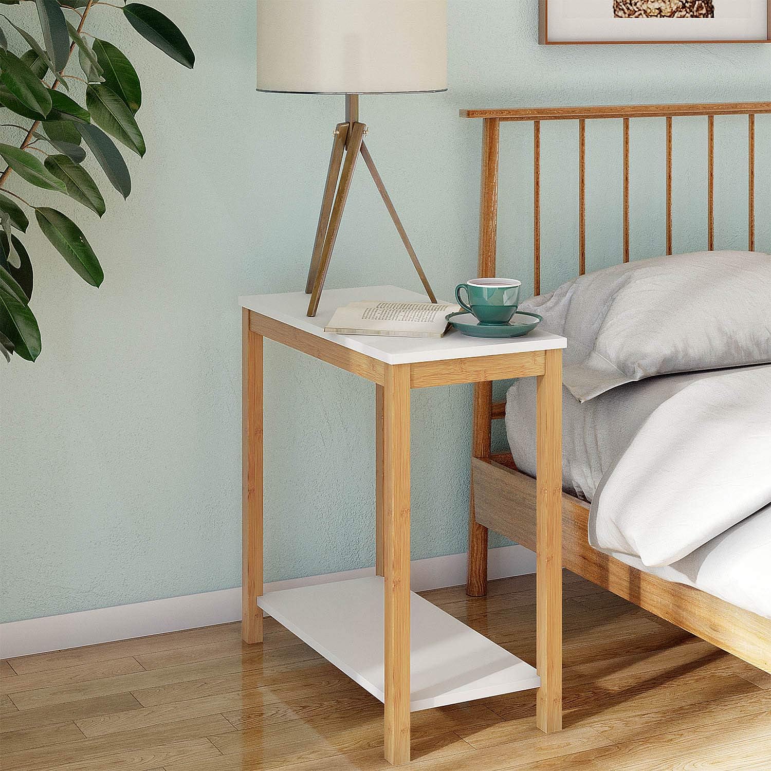 BAMEOS Bamboo Side Table Console Side Table, 2-Tier End Accent Table with Storage Shelf, Modern Furniture for Living Room Bedroom Balcony Family and Office in White Color(23.62 x 11.81 x 23.23 in)